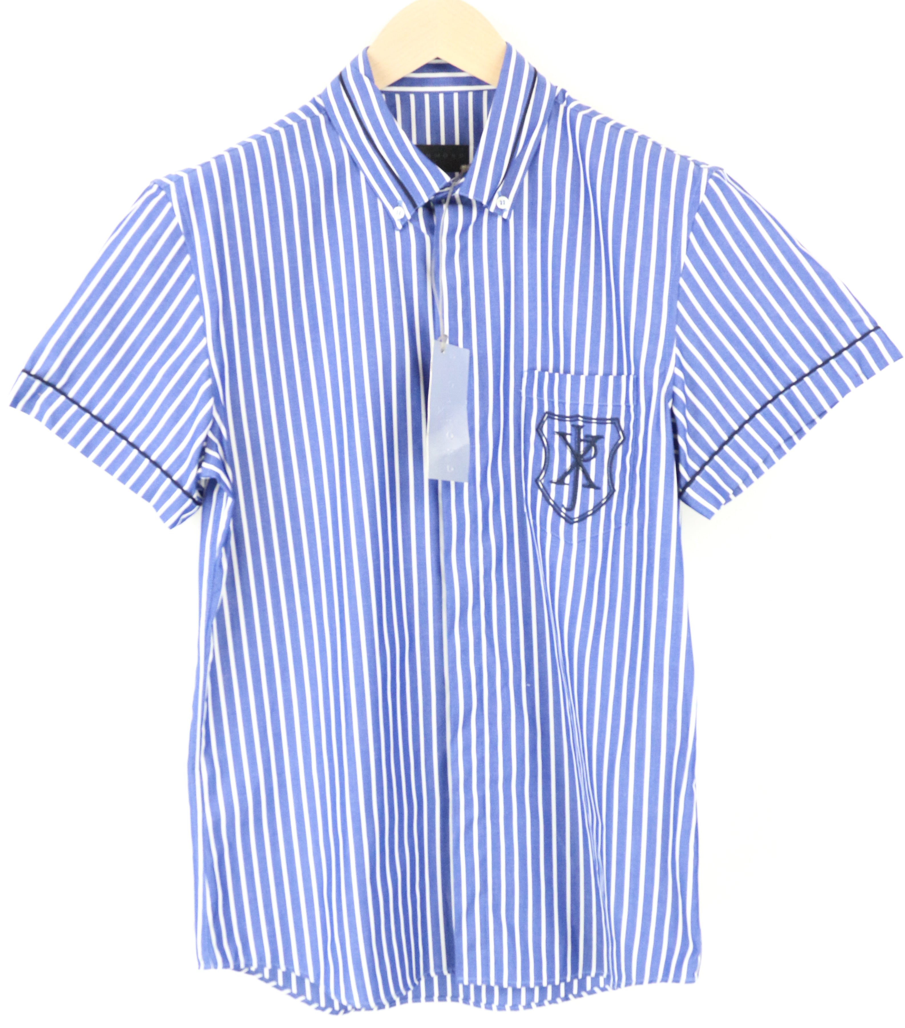 RICHMOND Men's 48 Shirt Blue Striped Cotton Pocketed Short Sleeve