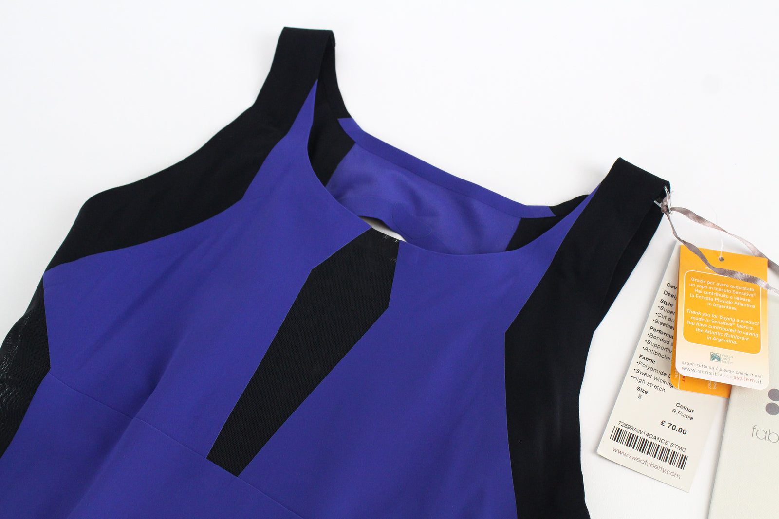 „SWEATY BETTY Devant“ šokių kombinezonas S dydžio moterims, tinklinis triko su iškirpte nugaroje, kvėpuojantis 