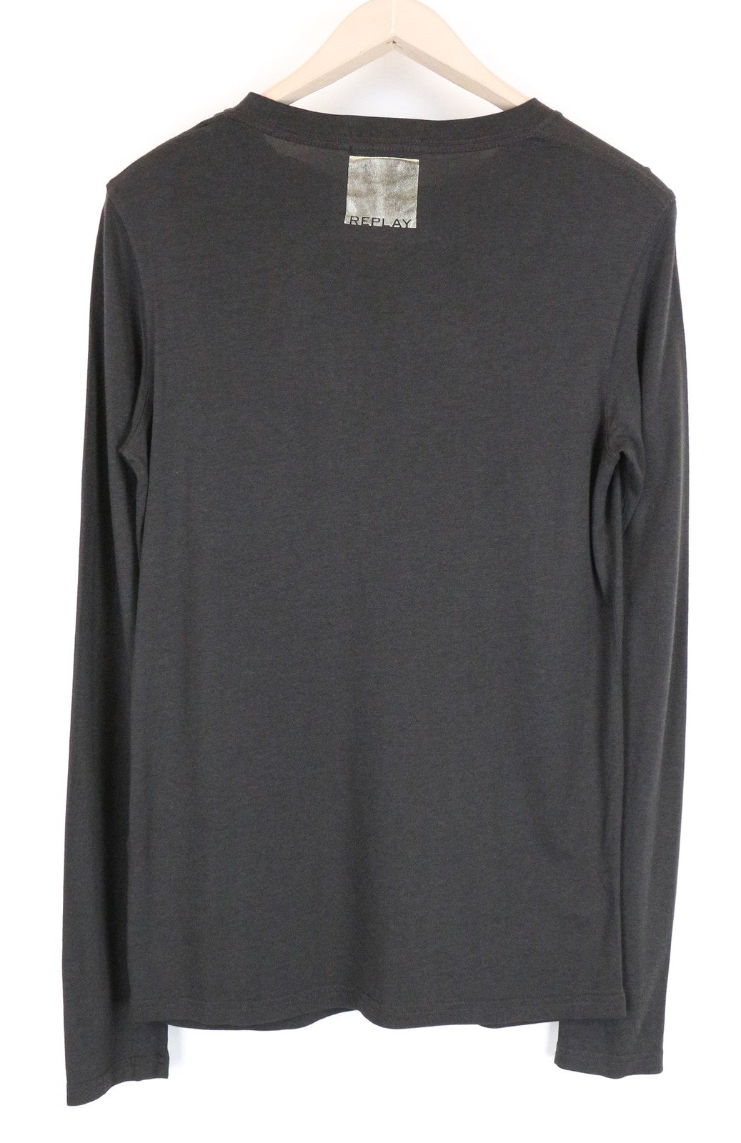 REPLAY vyriški marškinėliai pilkšvai rudi S dydžio medvilnės mišinio ilgomis rankovėmis su kišenėmis 