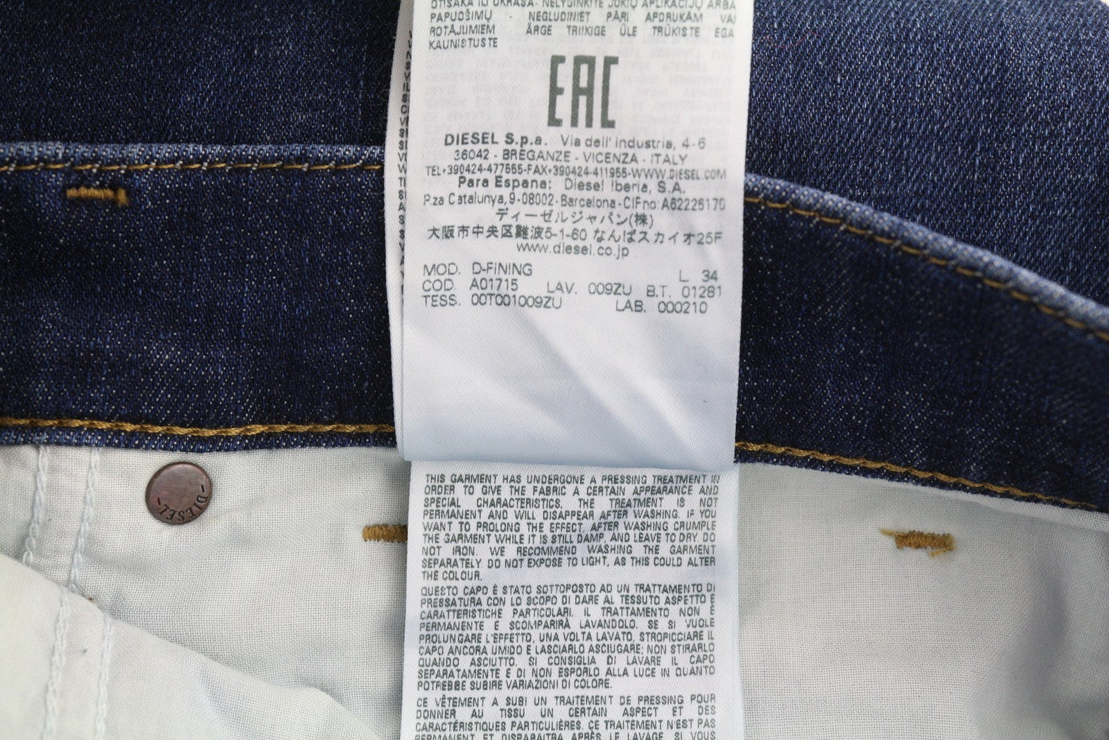 DIESEL D-Fining 009ZU vyriški džinsai W31/L34 siaurėjantys, tamprūs, mėlyni, su sagomis 