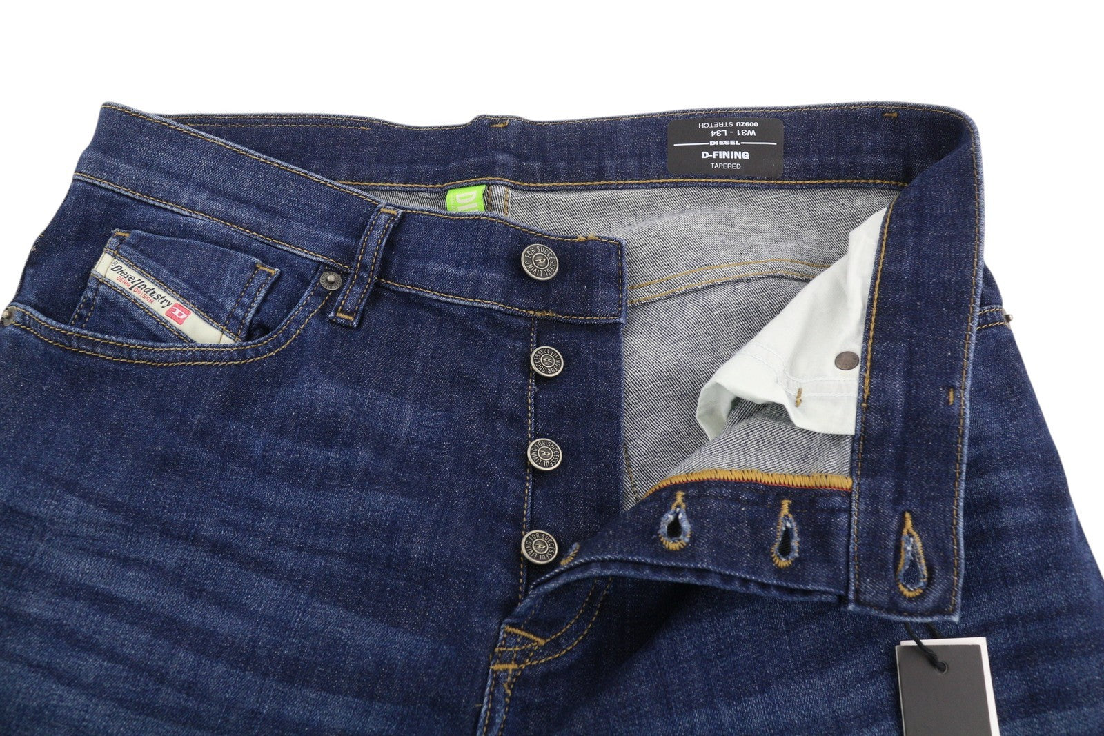 DIESEL D-Fining 009ZU vyriški džinsai W31/L34 siaurėjantys, tamprūs, mėlyni, su sagomis 