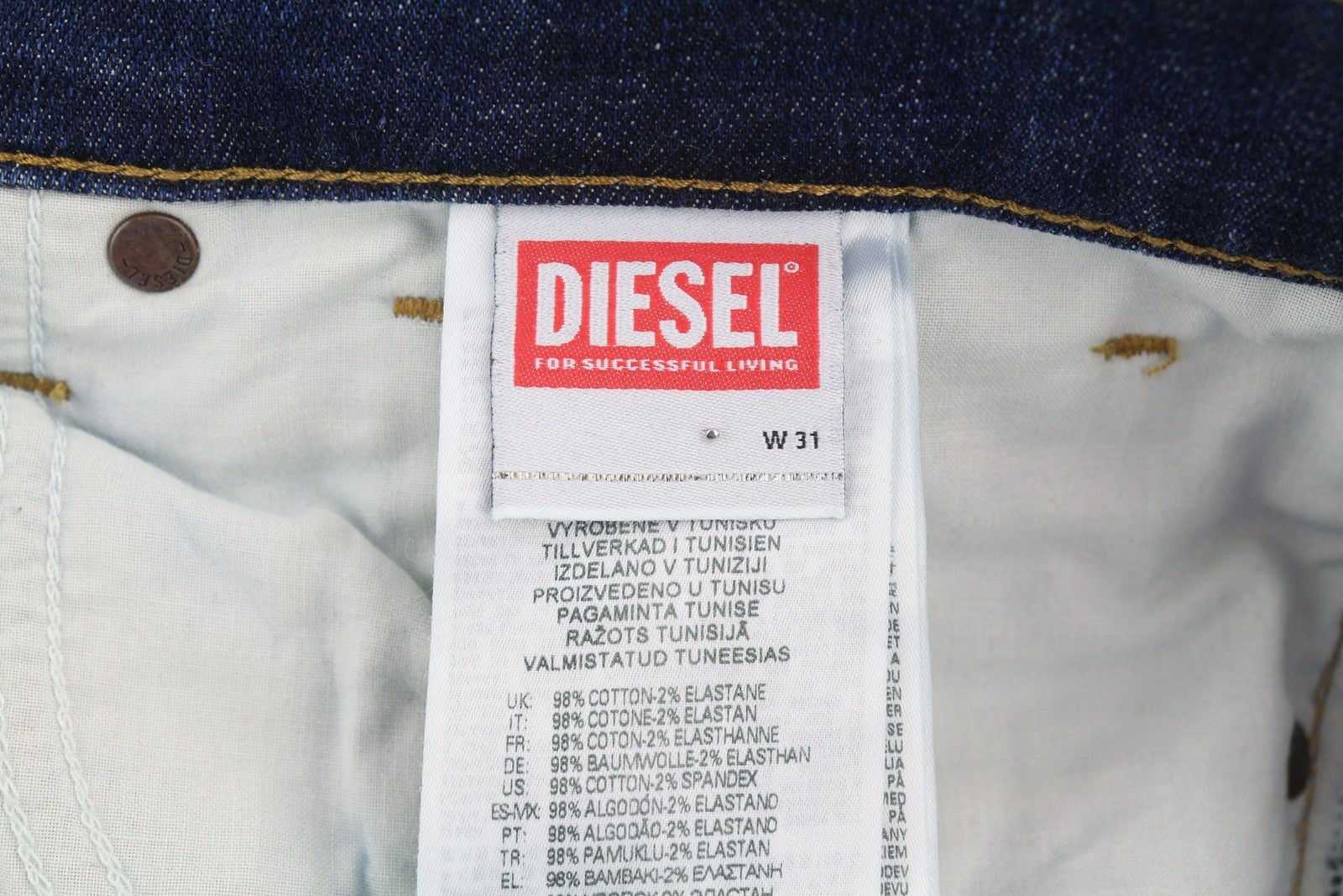 DIESEL D-Fining 009ZU vyriški džinsai W31/L34 siaurėjantys, tamprūs, mėlyni, su sagomis 