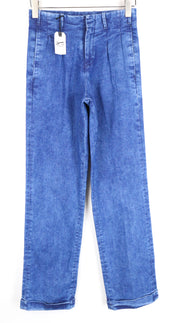 DENHAM Judy Flare moteriški džinsai W26/L32 mėlyni, tamprūs medvilniniai, aukštu juosmeniu, klostuoti 