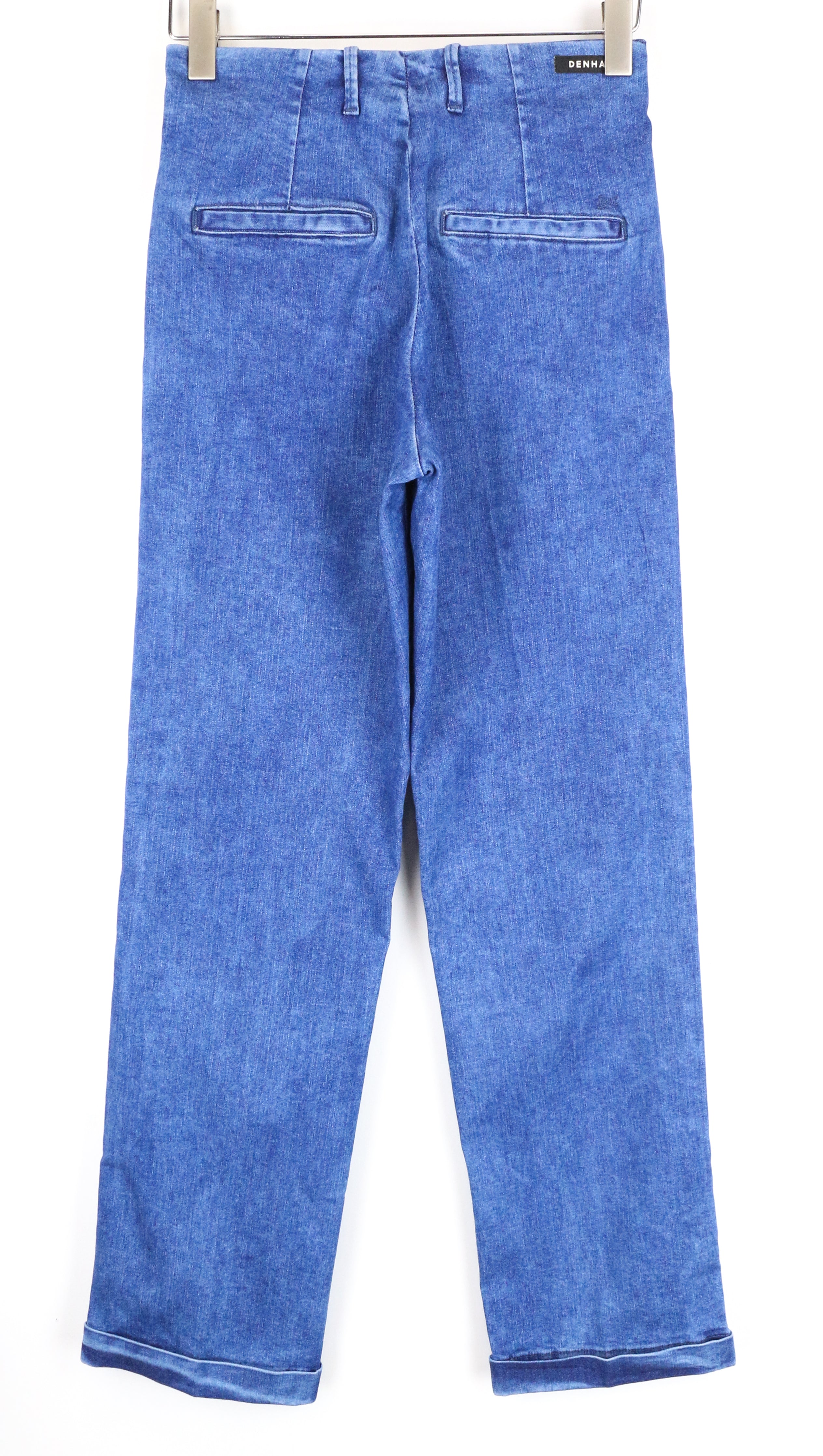 DENHAM Judy Flare moteriški džinsai W26/L32 mėlyni, tamprūs medvilniniai, aukštu juosmeniu, klostuoti 