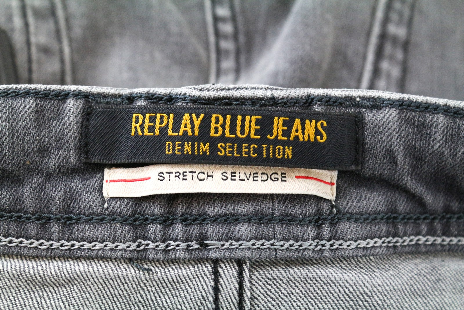 REPLAY Grover W30/L34 Straight Selvedge pilki tamprūs medvilniniai skalbti vyriški džinsai 