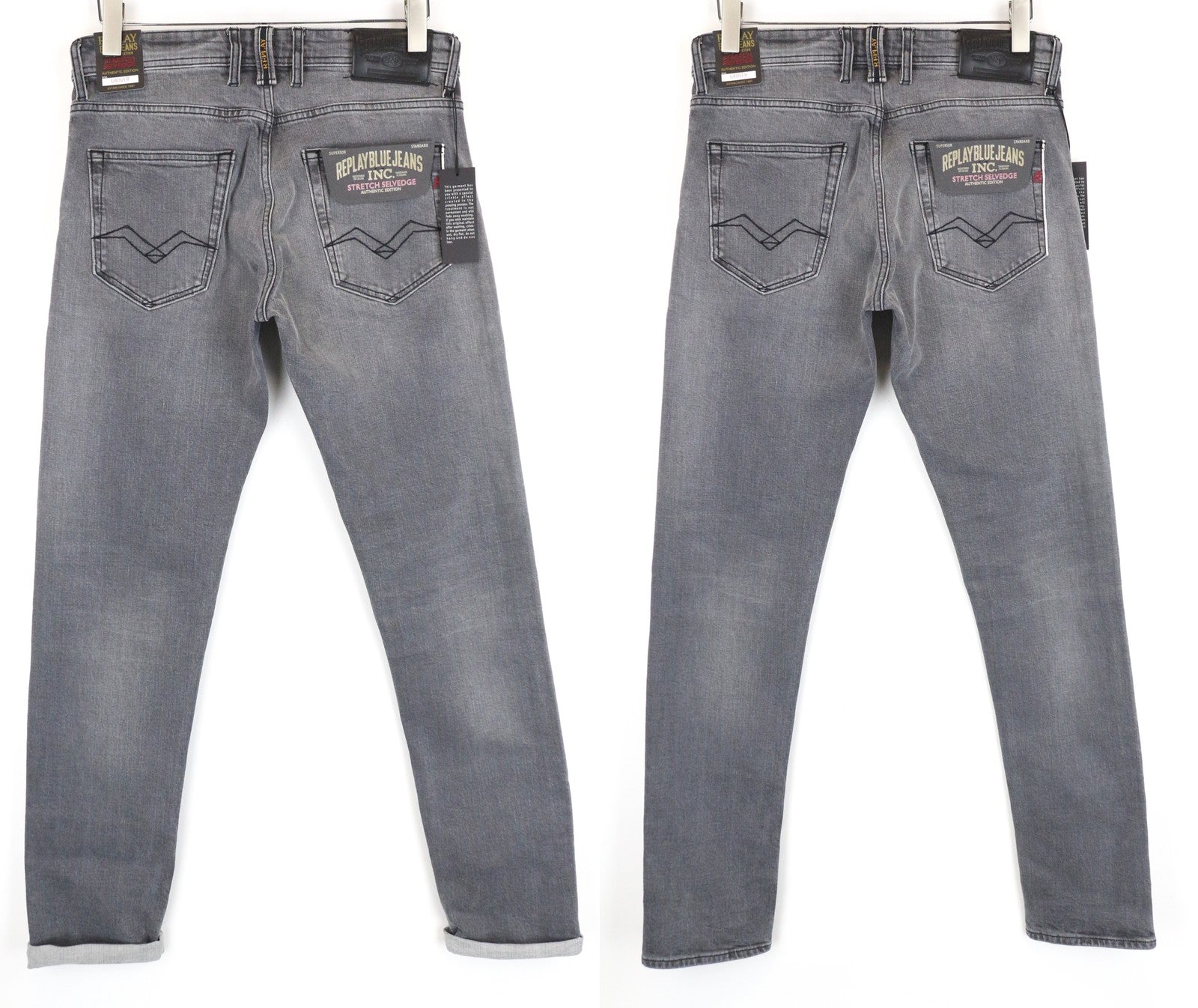 REPLAY Grover W30/L34 Straight Selvedge pilki tamprūs medvilniniai skalbti vyriški džinsai 