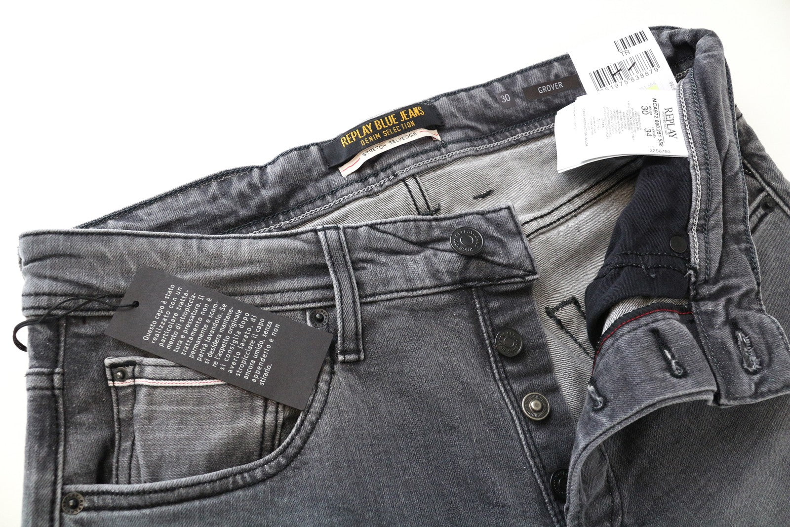 REPLAY Grover W30/L34 Straight Selvedge pilki tamprūs medvilniniai skalbti vyriški džinsai 
