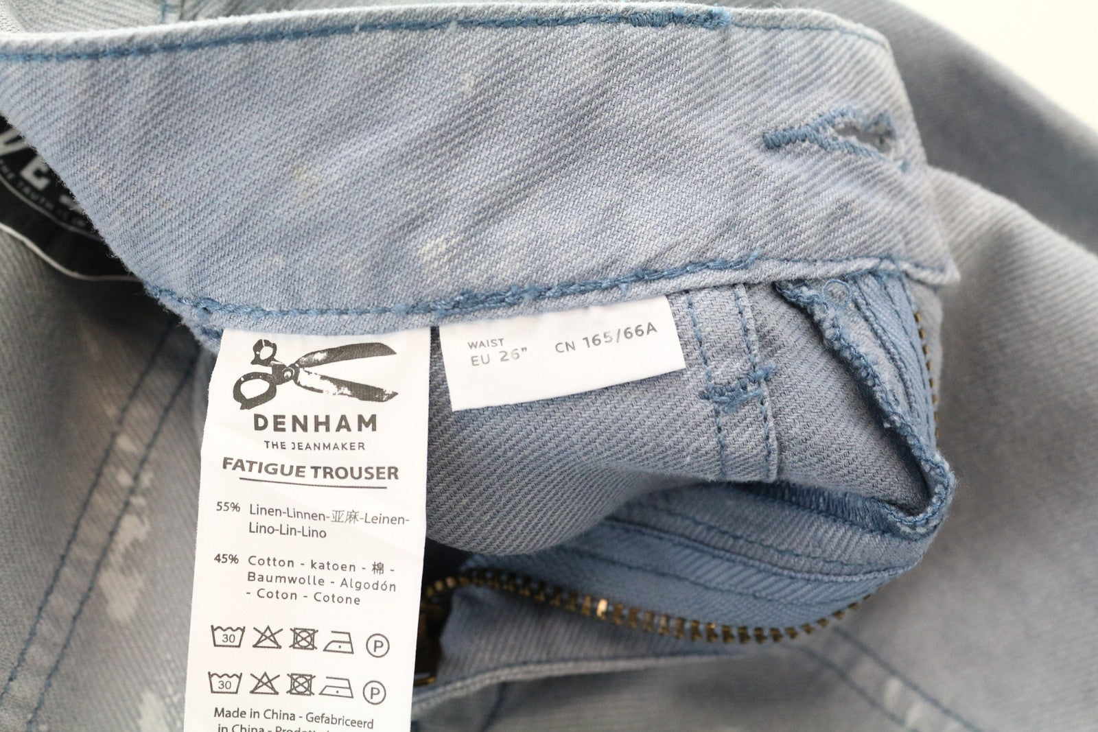 DENHAM Bonnie plačių klešnių moteriškos kelnės W26/L28 mėlynos sendinto lino imitacijos 