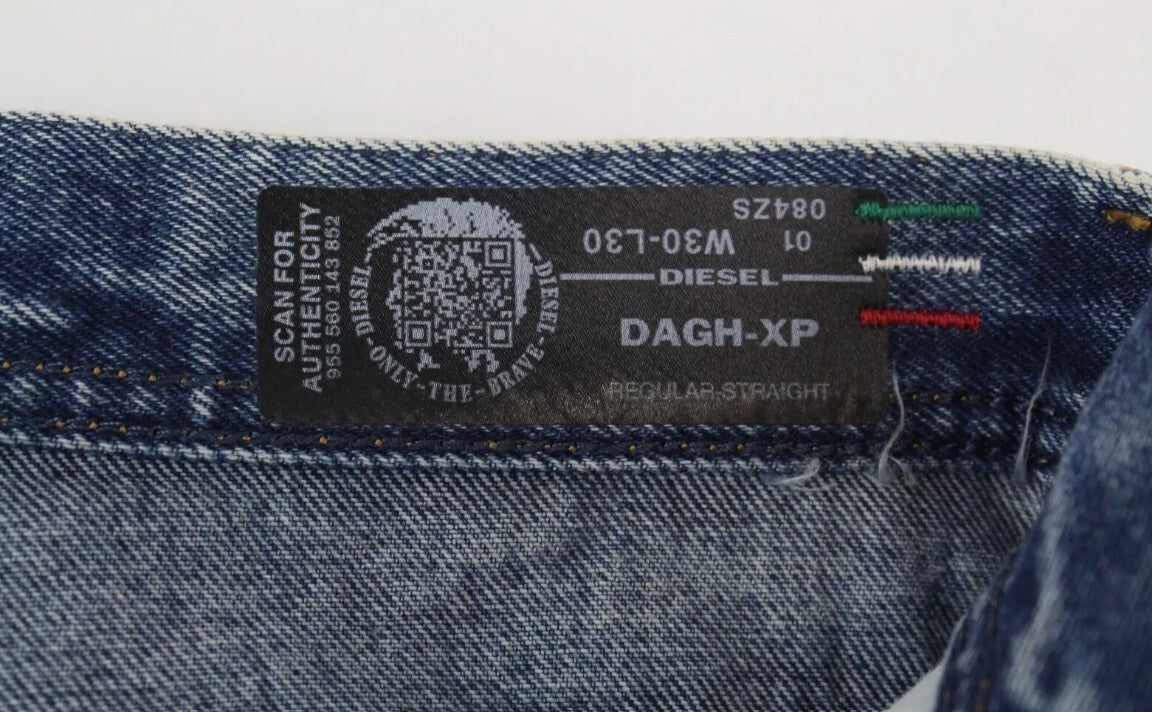 DIESEL Dagh-XP 084ZS vyriški džinsai W30/L30 mėlyni, tiesūs, plėšyti, skalbti medvilniniai džinsai 
