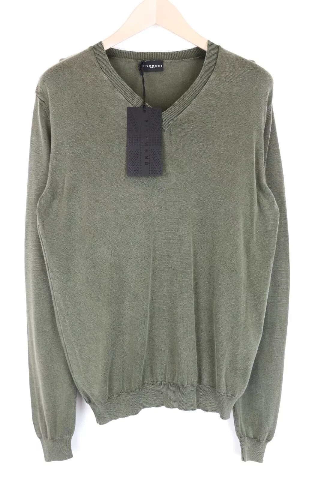RICHMOND vyriškas džemperis su V formos iškirpte, M/L dydžio, žalias medvilninis megztinis ilgomis rankovėmis 