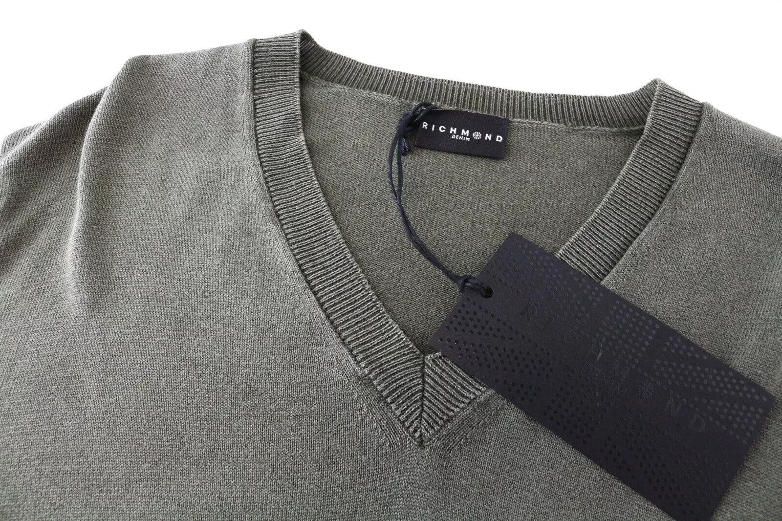RICHMOND vyriškas džemperis su V formos iškirpte, M/L dydžio, žalias medvilninis megztinis ilgomis rankovėmis 
