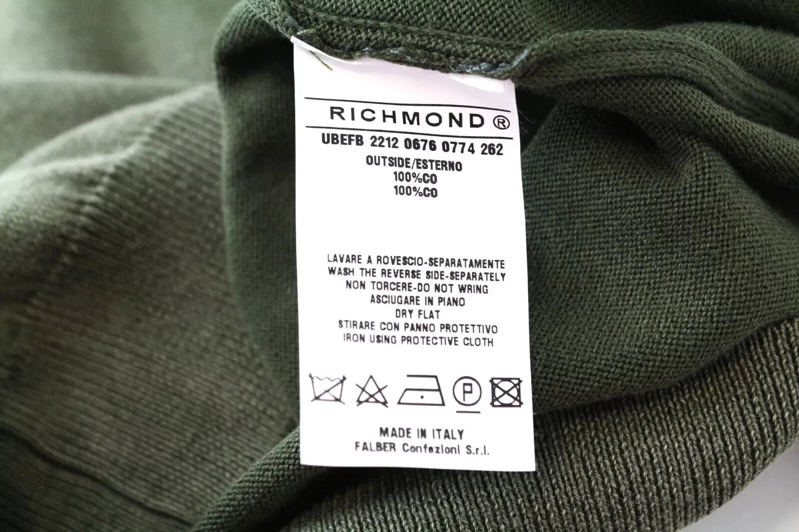 RICHMOND vyriškas džemperis su V formos iškirpte, M/L dydžio, žalias medvilninis megztinis ilgomis rankovėmis 