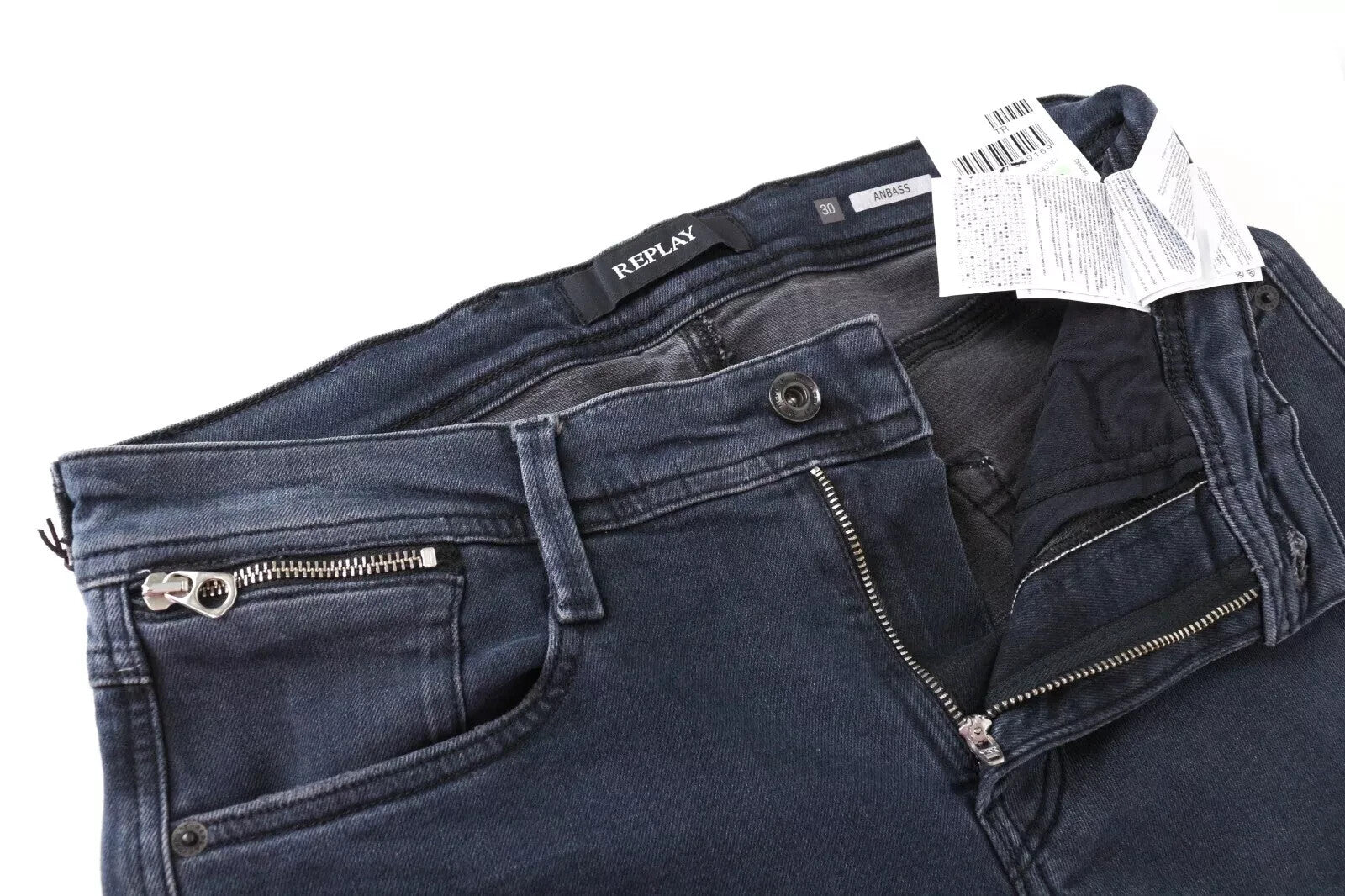 REPLAY Anbass vyriški džinsai W30/L34, skalbtos mėlynos medvilnės tamprės, plonos... 