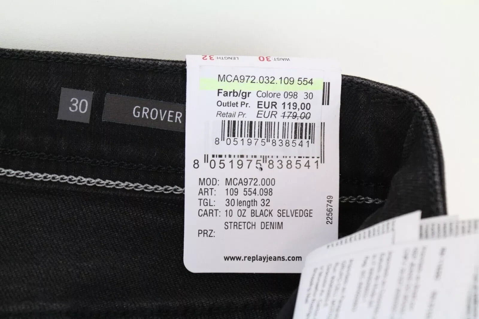 REPLAY Grover vyriški džinsai W30/L32 juodi džinsiniai su užsegimu, tamprūs, tiesūs 