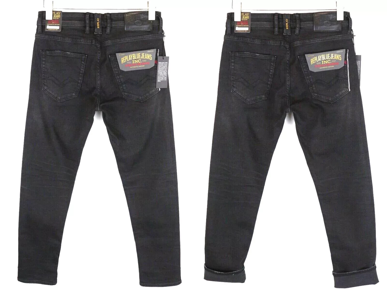 REPLAY Grover Men Jeans W29/L32 Black Selvedge Stretch Washed Straight