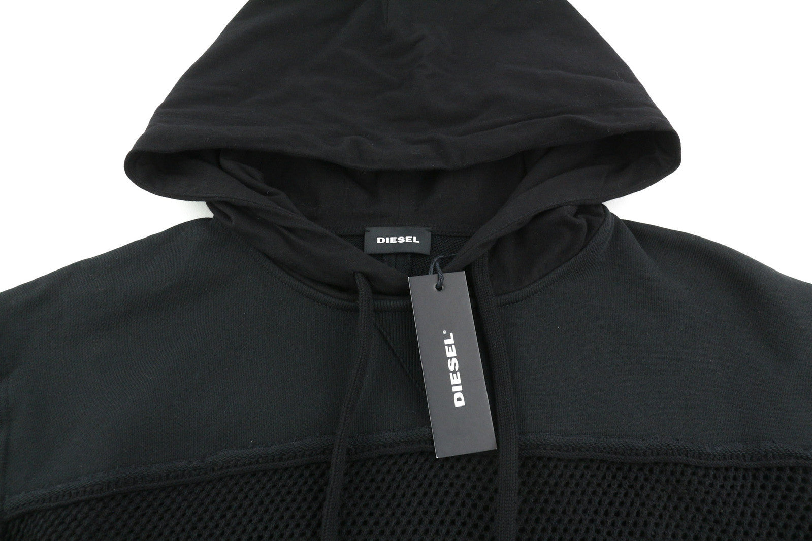 DIESEL K-Connet vyriškas džemperis su gobtuvu, L dydžio, juodas, megztinis su gobtuvu, permatomas, atviro mezgimo, rekomenduojama kaina – 195 € 