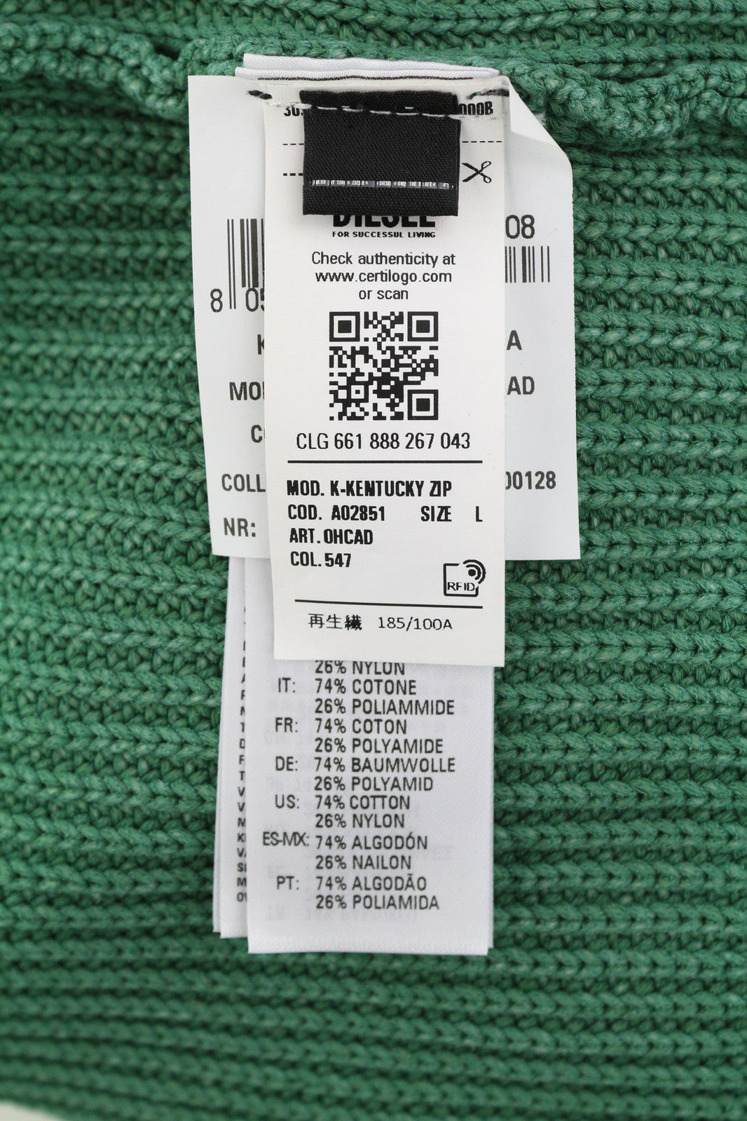 DIESEL K-Kentucky vyriškas megztinis su užtrauktuku, L dydžio, su skalbto efekto apvalia kaklo iškirpte, megztas žalias, rekomenduojama kaina – 250 € 