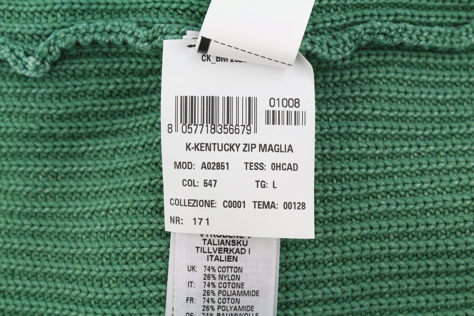 DIESEL K-Kentucky vyriškas megztinis su užtrauktuku, L dydžio, su skalbto efekto apvalia kaklo iškirpte, megztas žalias, rekomenduojama kaina – 250 € 