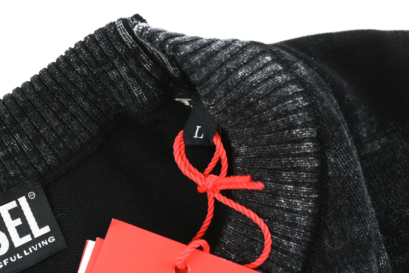 DIESEL K-Larence vyriškas megztinis L, juodas, skalbto efekto, apvalios kaklo iškirptės, megztas medvilninis megztinis, RRP225