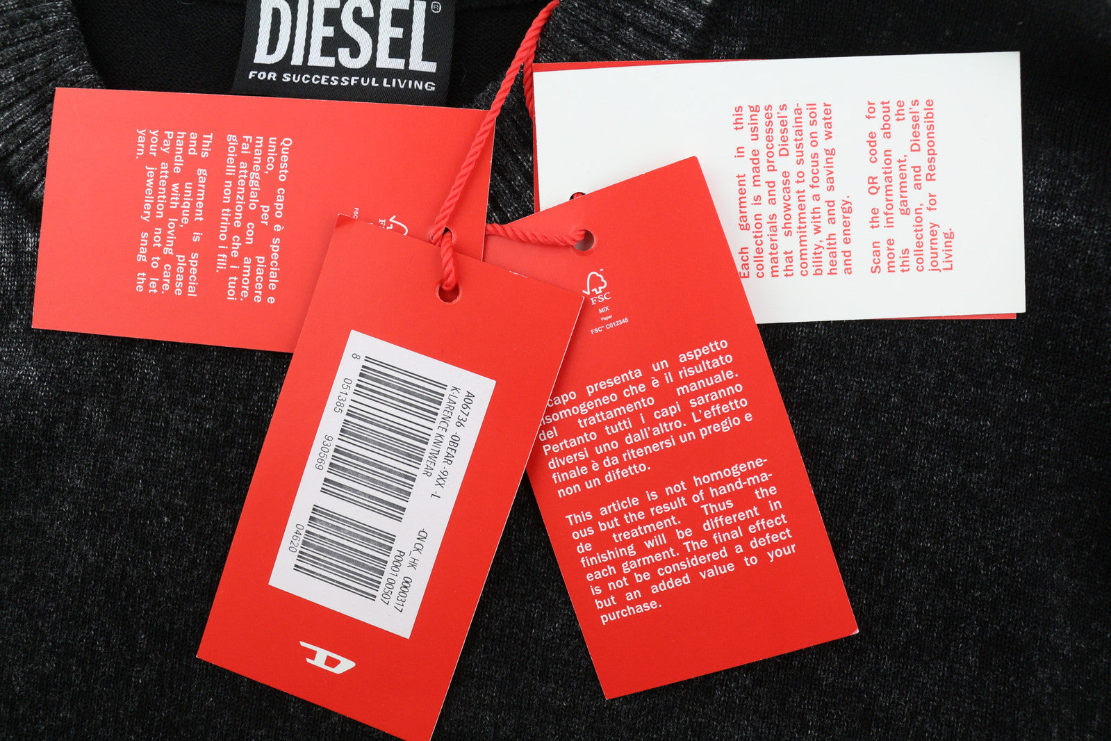 DIESEL K-Larence vyriškas megztinis L, juodas, skalbto efekto, apvalios kaklo iškirptės, megztas medvilninis megztinis, RRP225