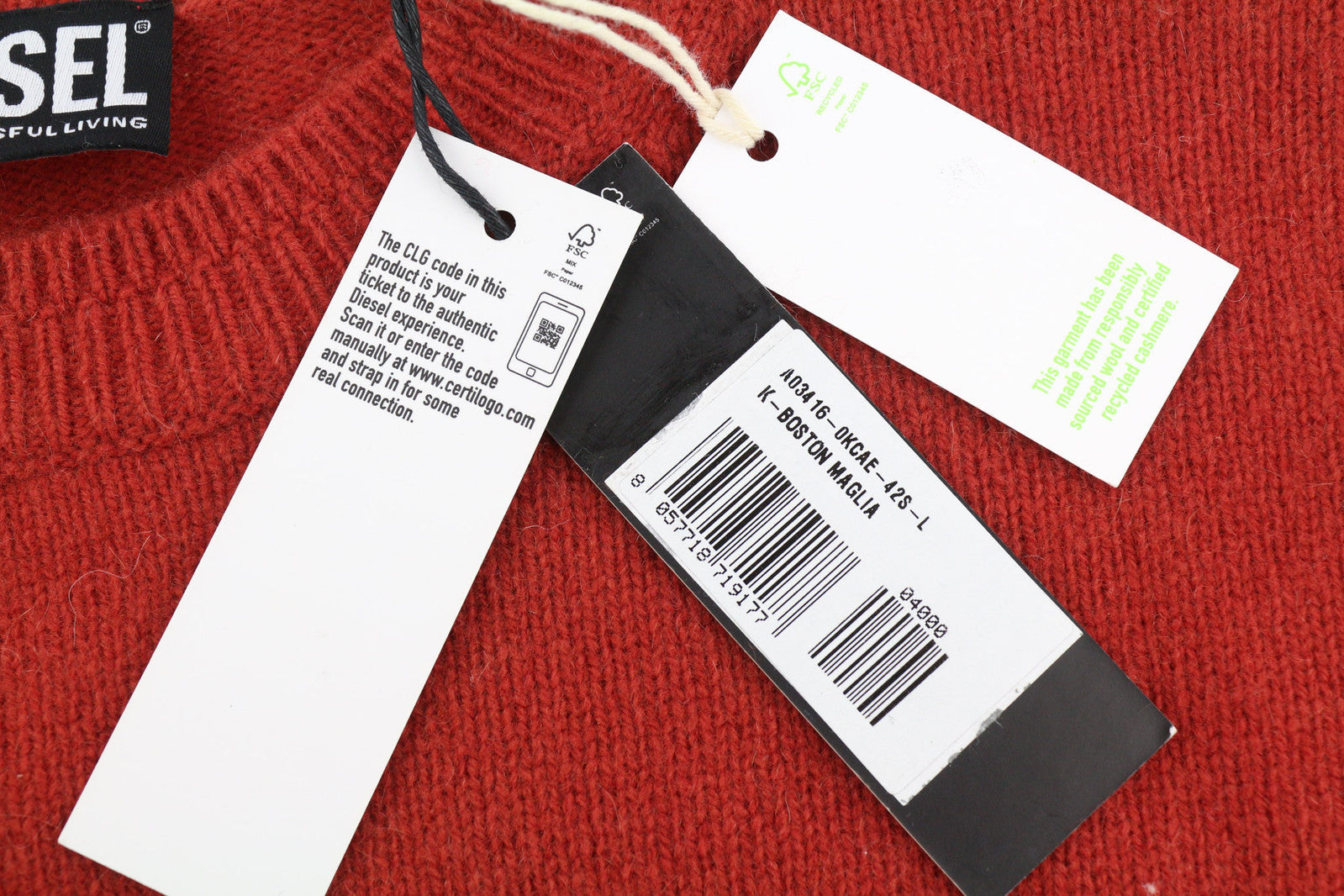 DIESEL K-Boston vyriškas megztinis L dydžio, raudonas, vilnonis, kašmyro spalvos, megztas, RRP 250 € 