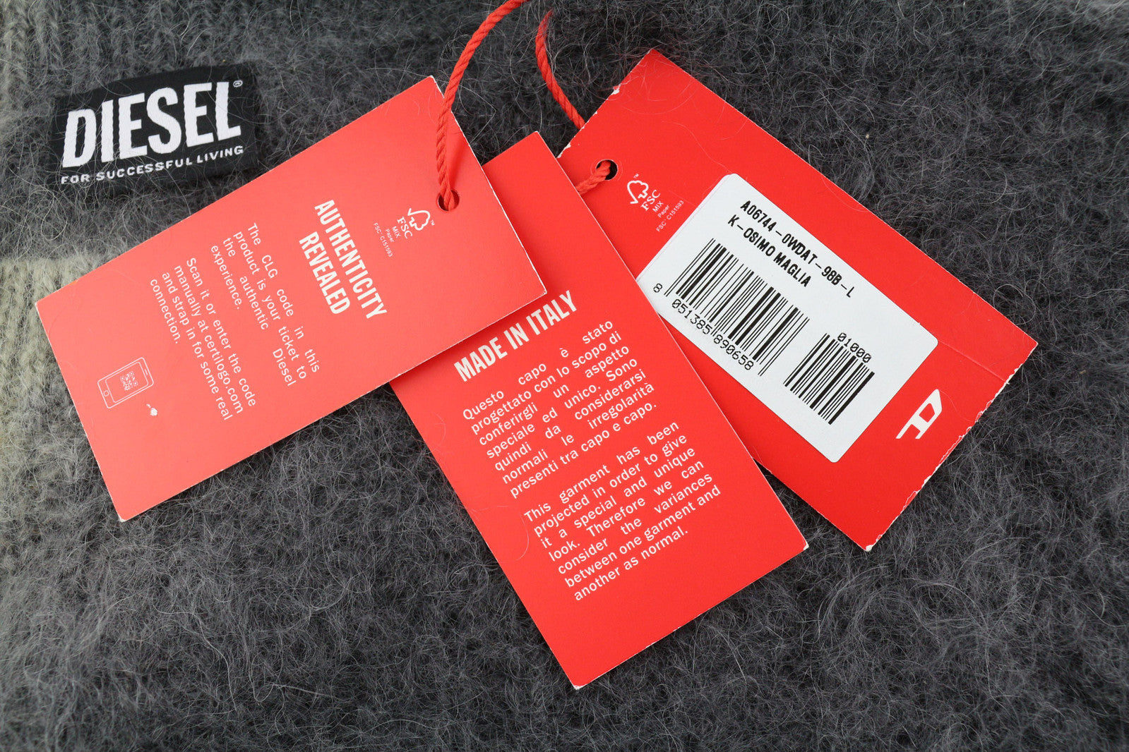 DIESEL K-Osimo vyriškas megztinis L dydžio, megztas iš moherio vilnos mišinio, pilkas, RRP 350 € 