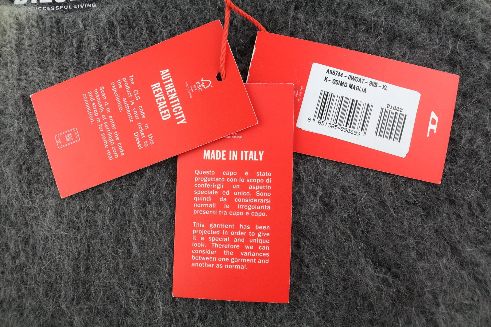 DIESEL K-Osimo vyriškas megztinis XL dydžio, megztas iš moherio vilnos mišinio, pilkas, RRP 350 € 