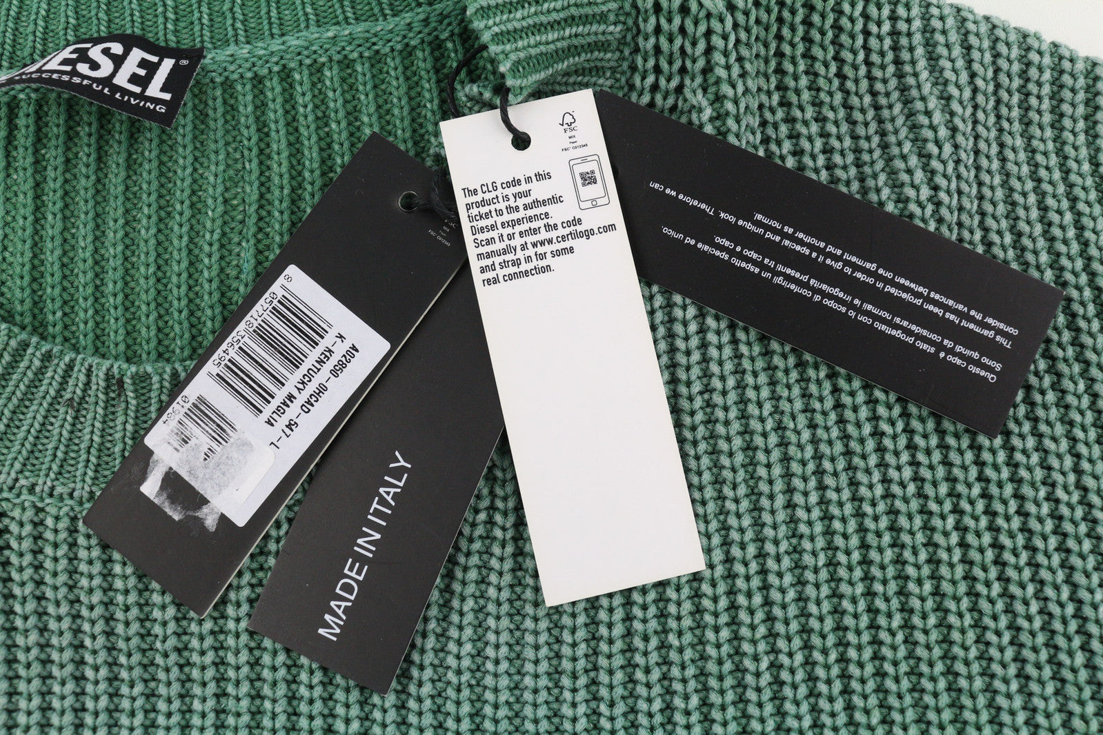 DIESEL K-Kentucky vyriškas megztinis L dydžio su skalbto rašto efektu, megztas žalias, RRP 275 € 