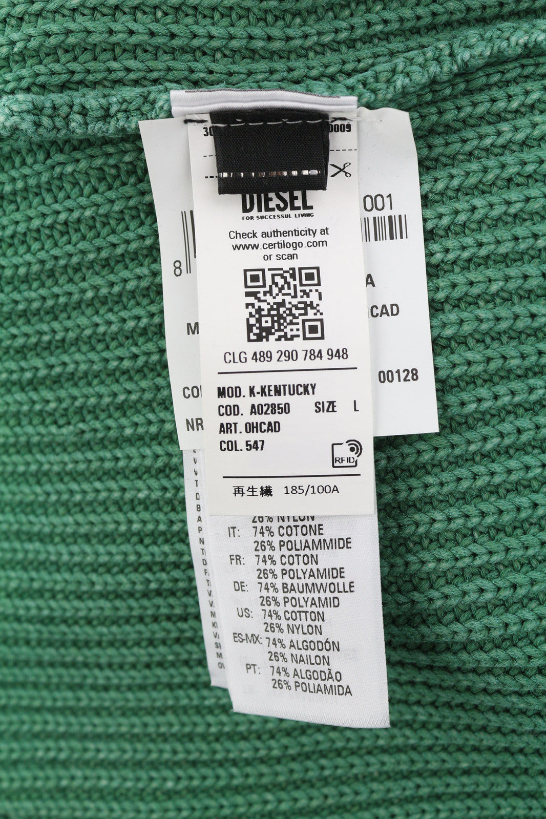 DIESEL K-Kentucky vyriškas megztinis L dydžio su skalbto rašto efektu, megztas žalias, RRP 275 € 