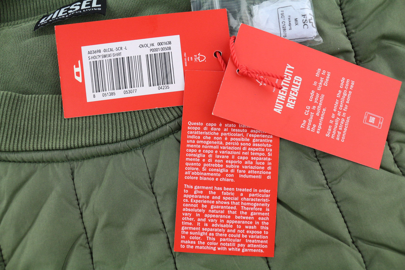 DIESEL S-Holty vyriškas džemperis, L dydžio, žalias, megztinis su paminkštinimu, dygsniuota apvalia kaklo apykakle, rekomenduojama kaina – 225 € 