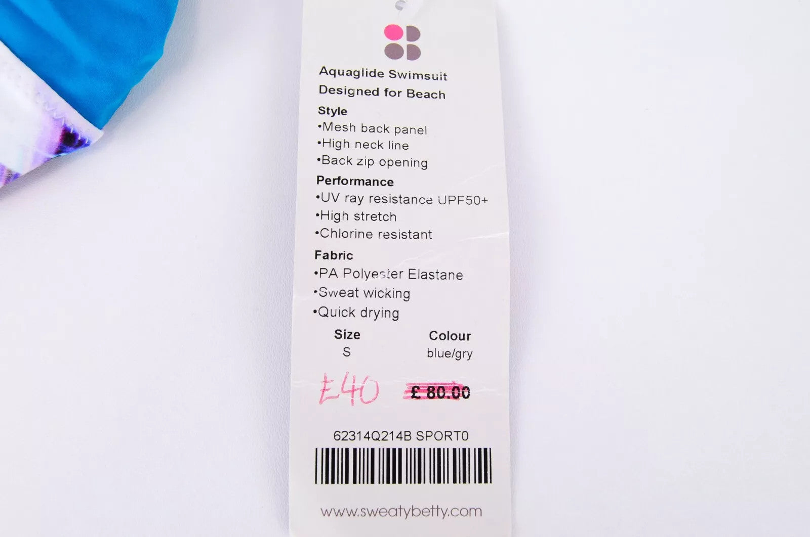 SWEATY BETTY Aquaglide moteriškas maudymosi kostiumėlis S, mėlynas, vientisas, abstraktaus rašto, tamprus. 