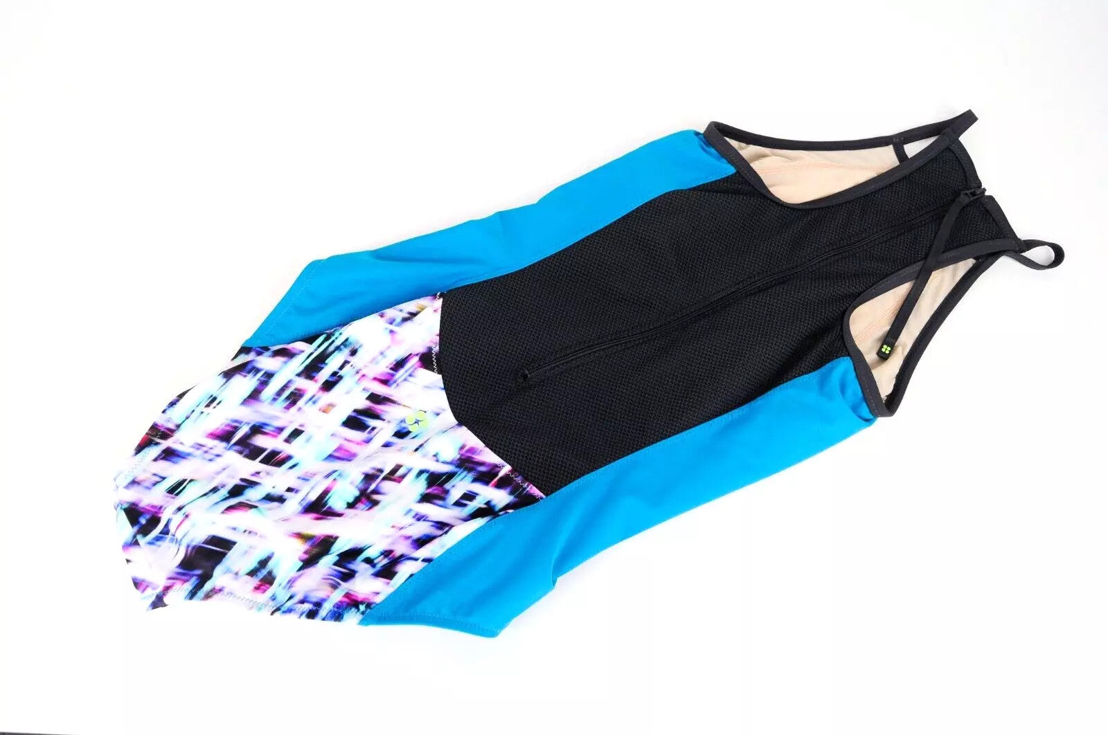 SWEATY BETTY Aquaglide moteriškas maudymosi kostiumėlis L dydžio, mėlynas, vientisas, abstraktaus rašto, tamprus. 