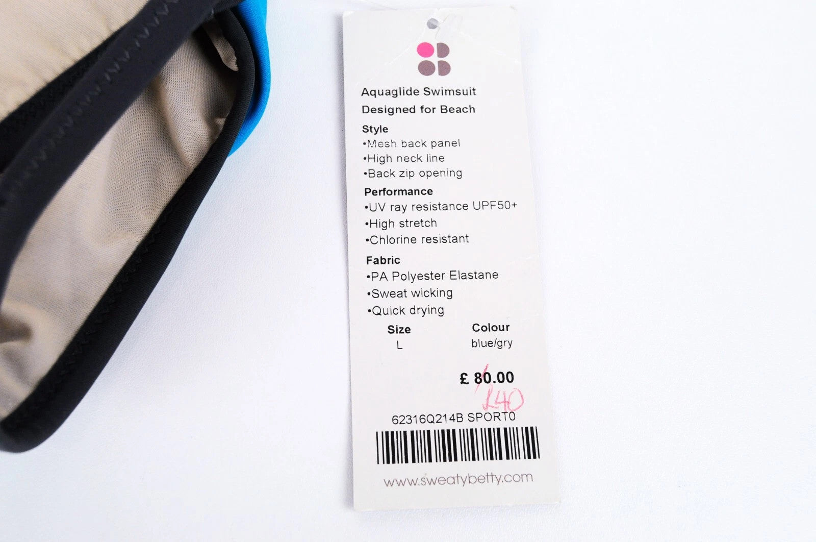 SWEATY BETTY Aquaglide moteriškas maudymosi kostiumėlis L dydžio, mėlynas, vientisas, abstraktaus rašto, tamprus. 