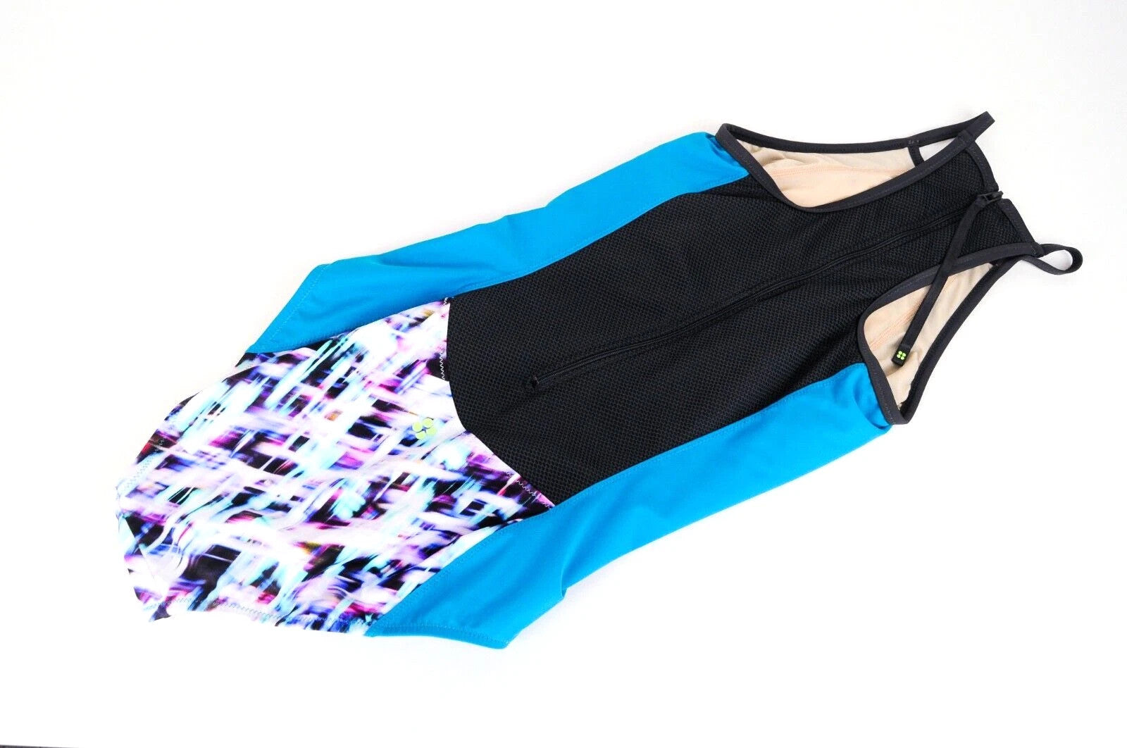 SWEATY BETTY Aquaglide moteriškas maudymosi kostiumėlis XS dydžio, mėlynas, vientisas, abstraktaus rašto, tamprus. 