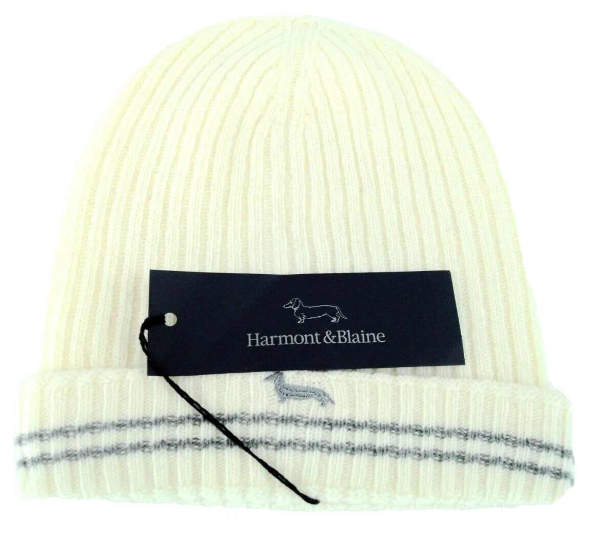 HARMONT & BLAINE Men Hat OS White Pure Wool Logo Knitted Unisex Winter Beanie