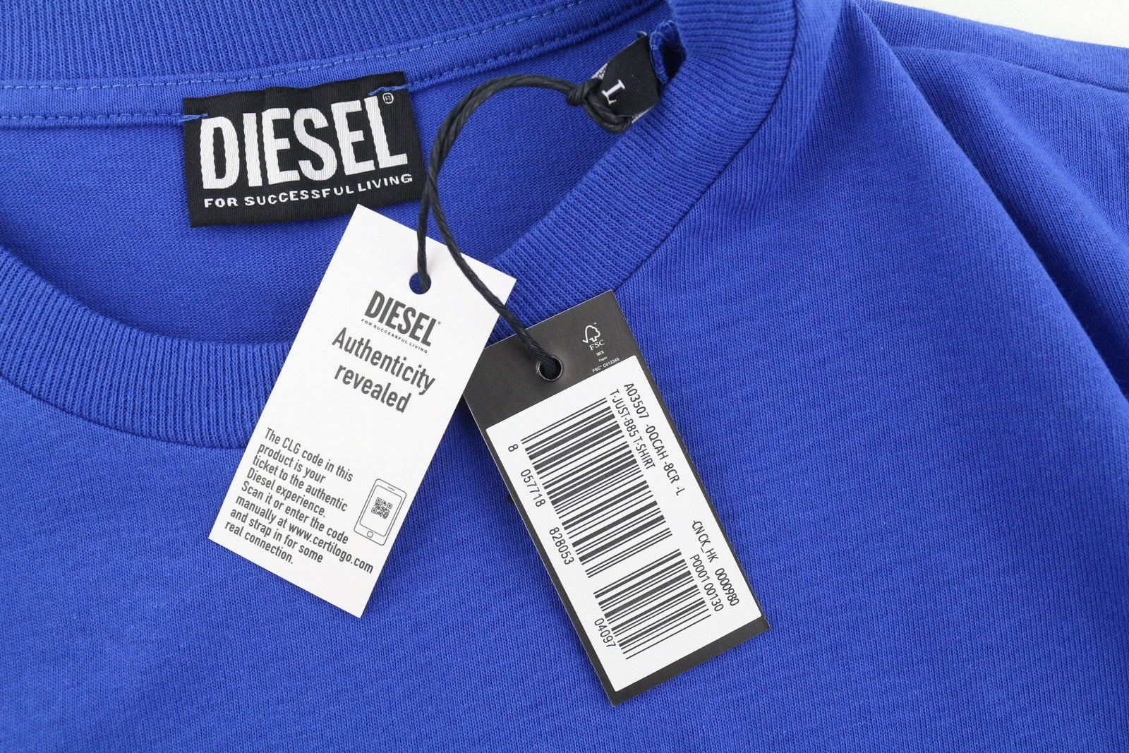 DIESEL T-Just-B85 vyriški marškinėliai, L dydžio, mėlyni, trumpomis rankovėmis, apvalia apykakle, medvilniniu trikotažu. 