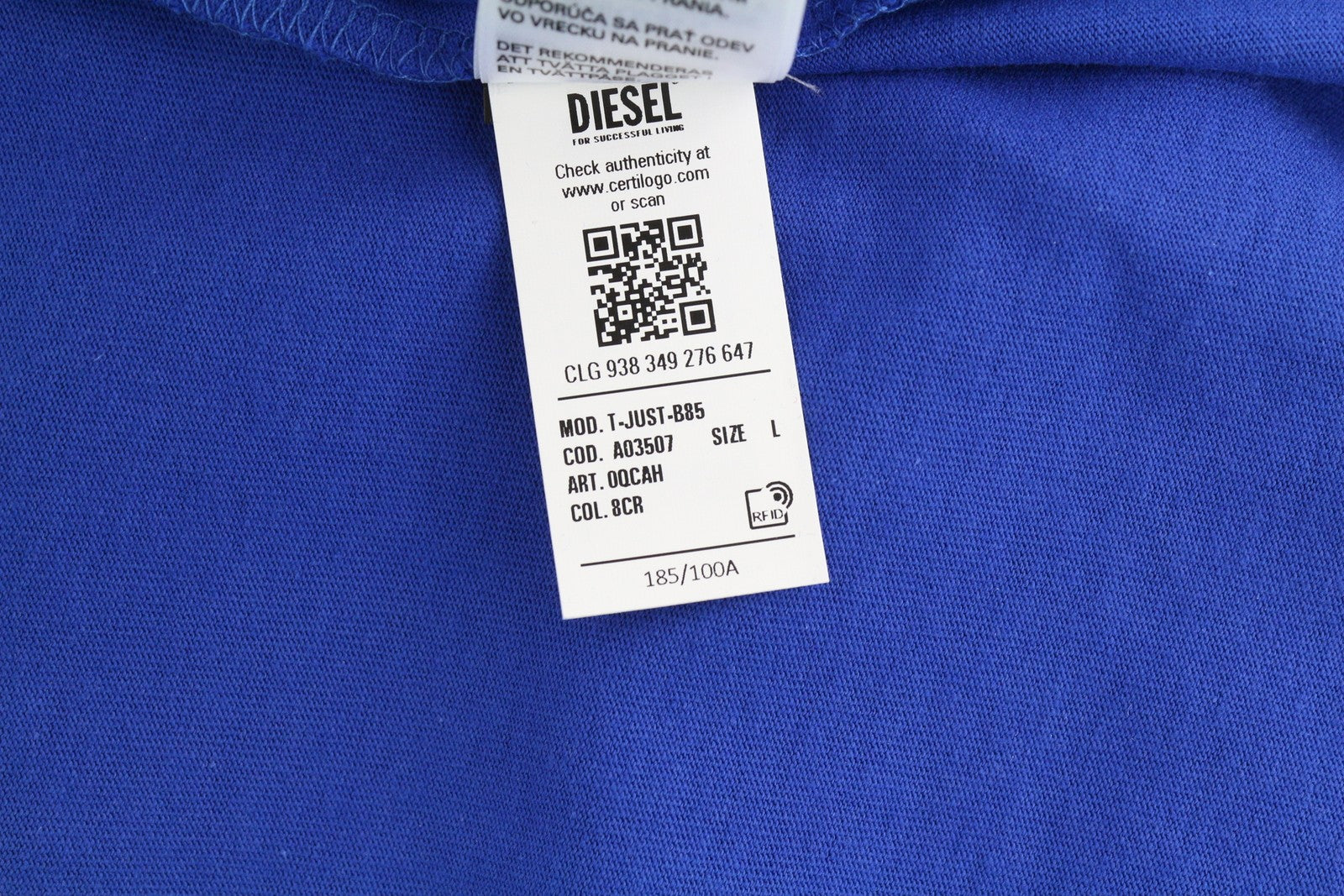 DIESEL T-Just-B85 vyriški marškinėliai, L dydžio, mėlyni, trumpomis rankovėmis, apvalia apykakle, medvilniniu trikotažu. 