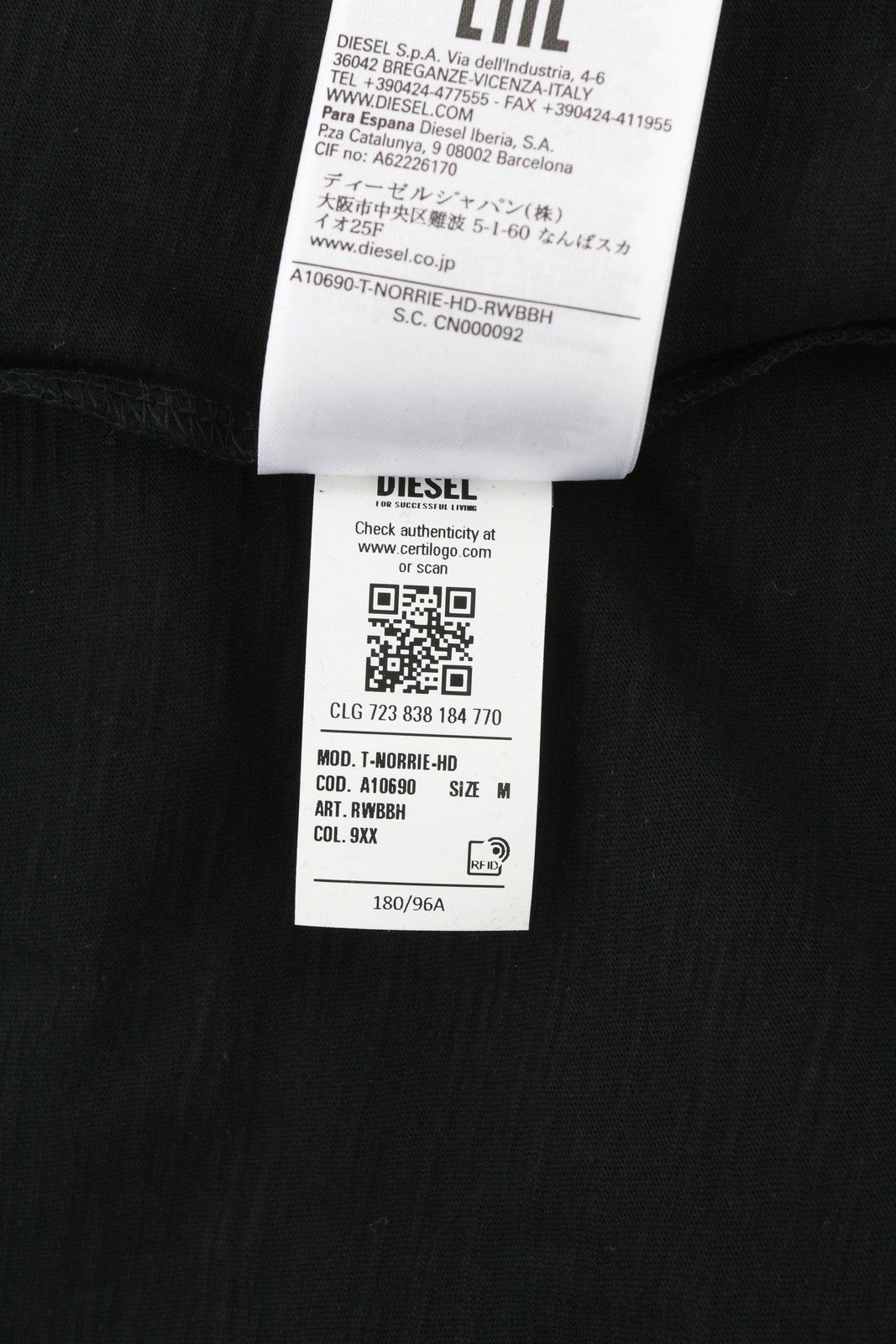 DIESEL T-Norrie-HD Men T-Shirt M Black Short Sleeved Crew Collar Cotton Tricot