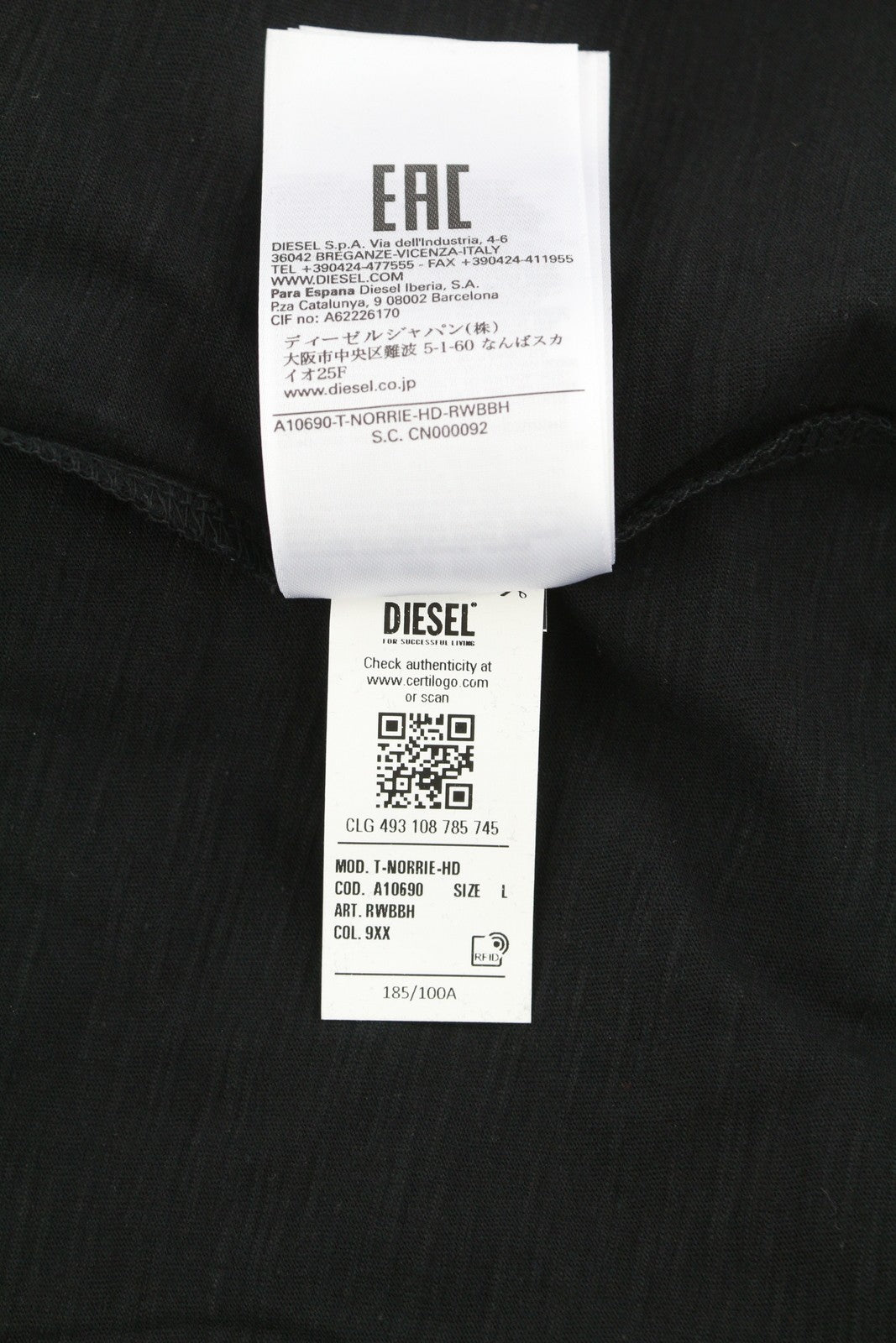 DIESEL T-Norrie-HD Men T-Shirt L Black Short Sleeve Crew Collar Cotton Tricot