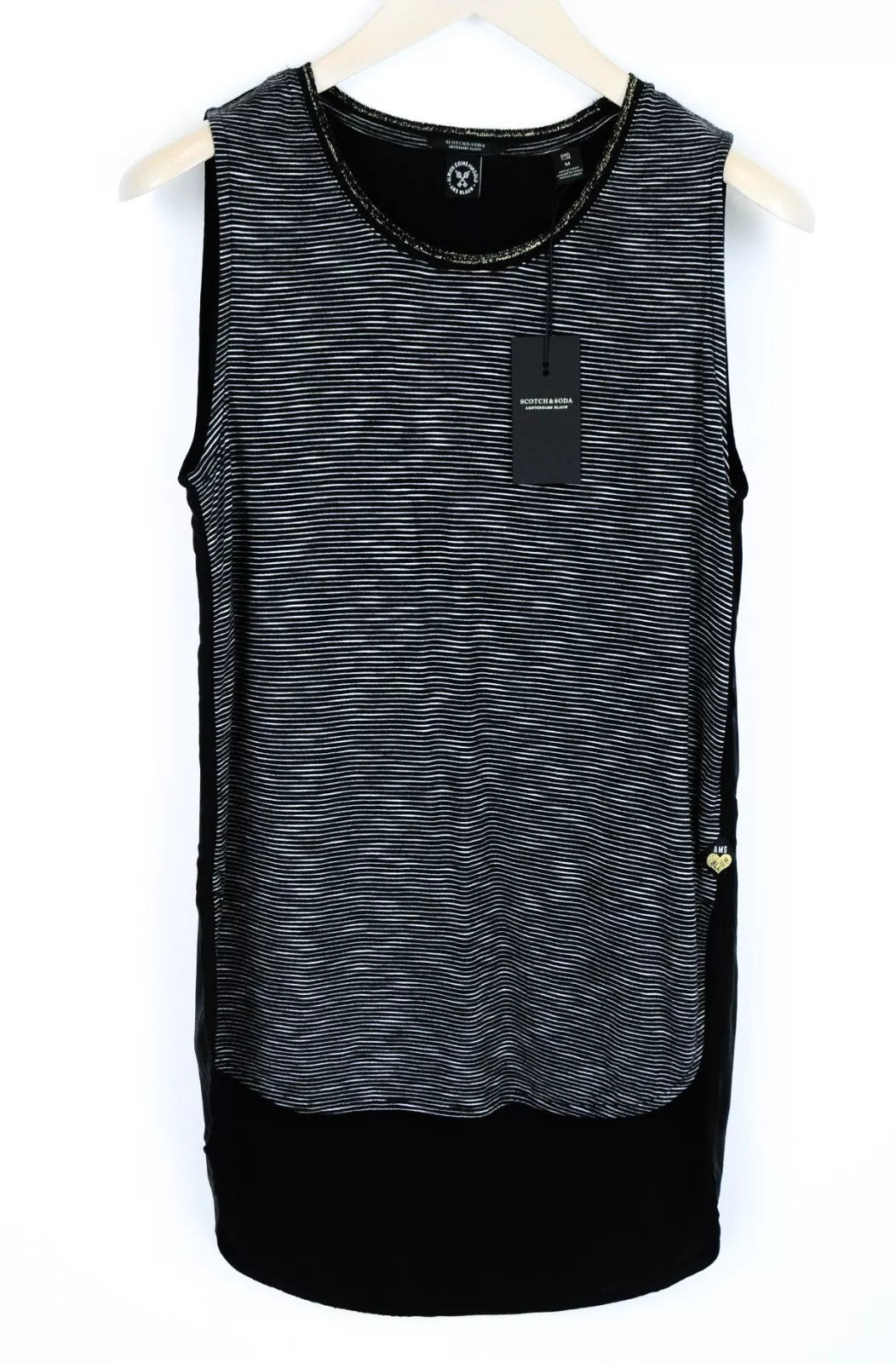 SCOTCH &amp; SODA Ams Blauw moteriški marškinėliai M, juodi dryžuoti, ilgomis rankovėmis, apvaliu kaklu 