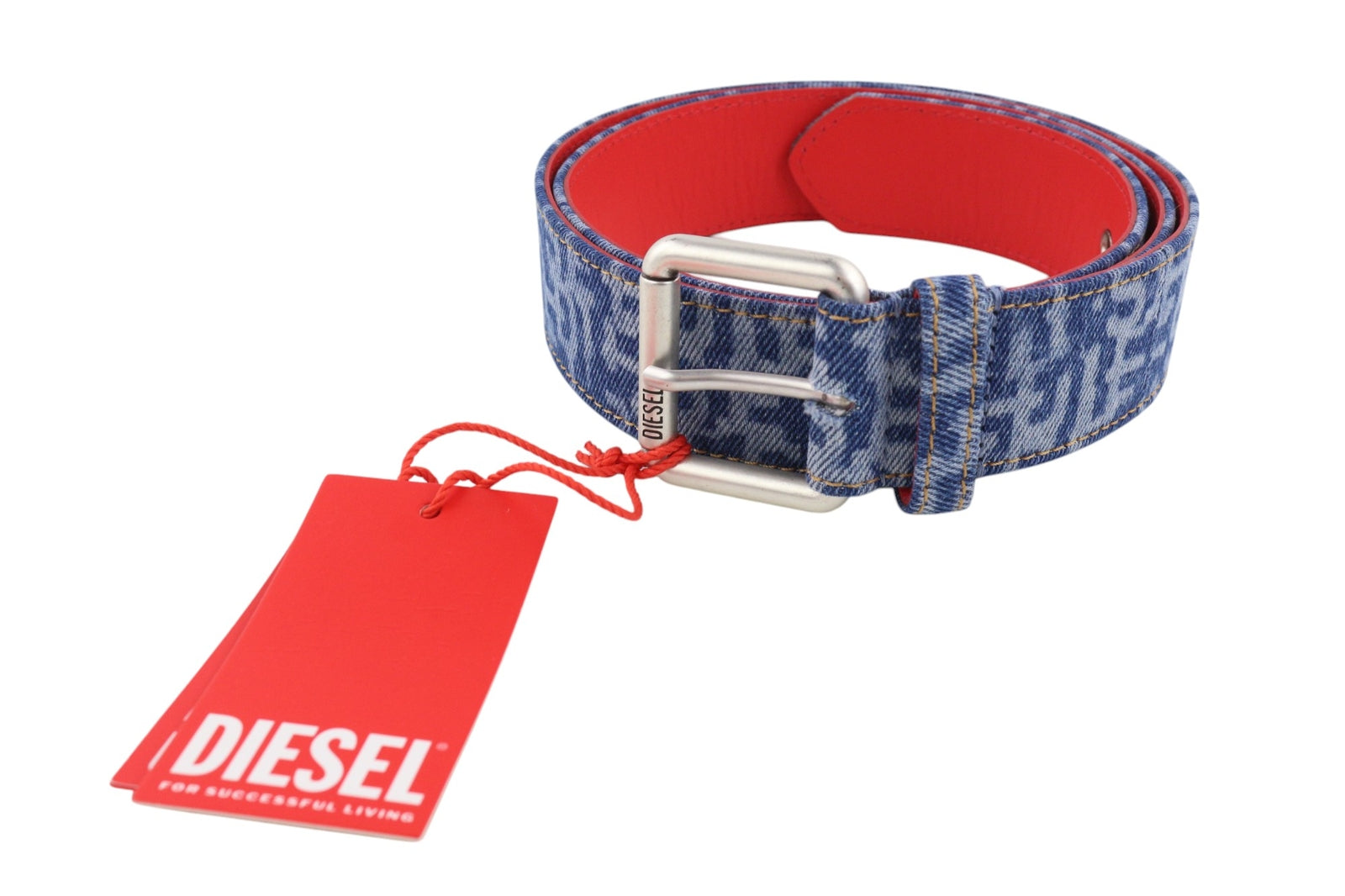 DIESEL B-Monogram Men Belt 105 cm Blue Leather Denim Logo Printed RRP€150