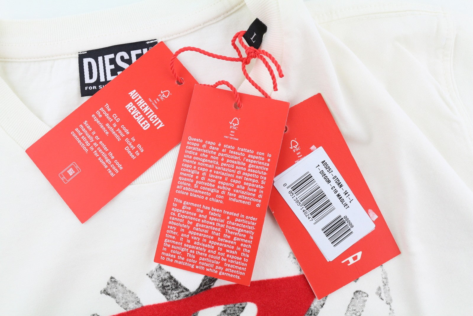 DIESEL T-Diegor-C16 Men T-Shirt L Off White Short Sleeved Crew Collar Tricot