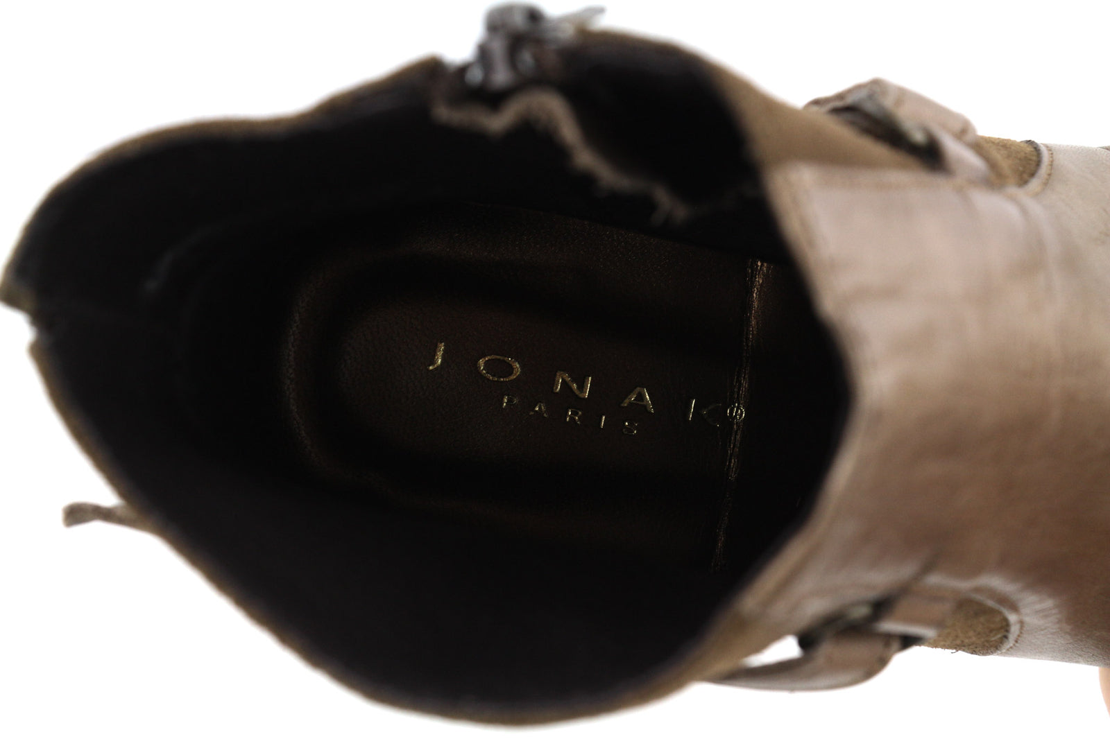 JONAK moteriški aulinukai EU39 UK6.5 rudi zomšiniai odiniai aukštakulniai su užtrauktuku ir migdolų nosimis, sagtimi 