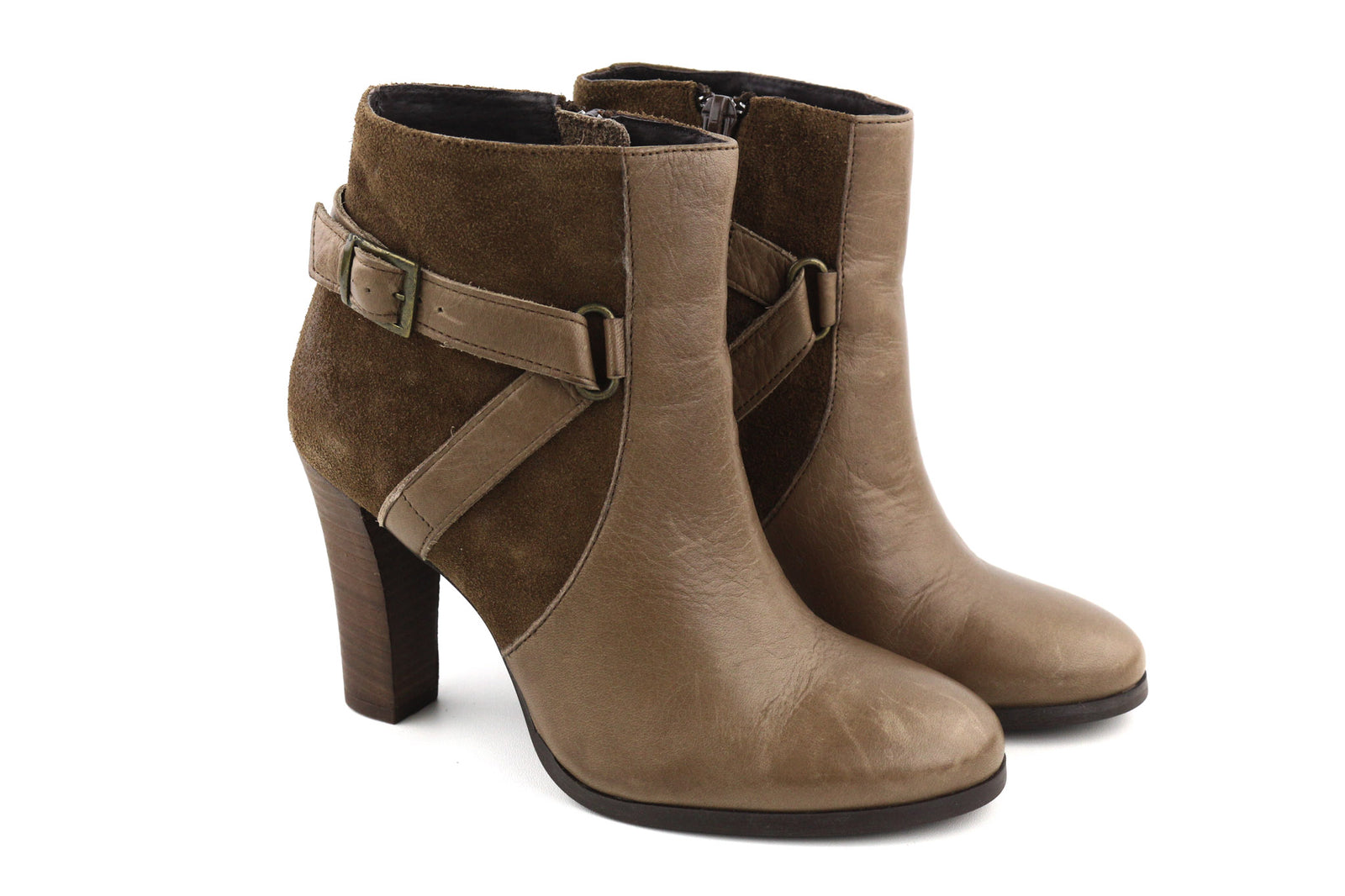 JONAK moteriški aulinukai EU36 UK3.5 rudi zomšiniai odiniai aukštakulniai su užtrauktuku ir migdolų nosimi, sagtimi 