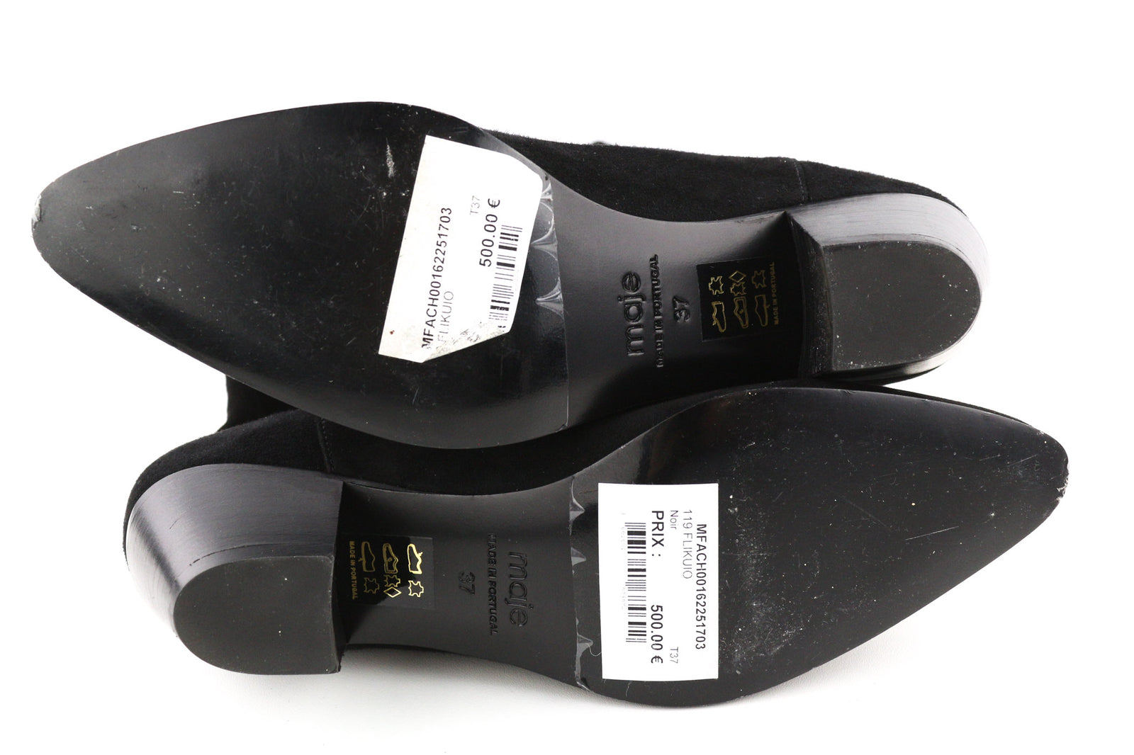 MAJE Flikuio moteriški aulinukai EU37 UK4 juodi, tamprios odos, ploni kulniukai iki šlaunų. 