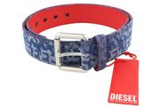 DIESEL B-Monogram vyriškas diržas, 95 cm, mėlynai raudonas, odinis, džinsinio rašto, laisvalaikio stiliaus, rekomenduojama kaina – 150 € 