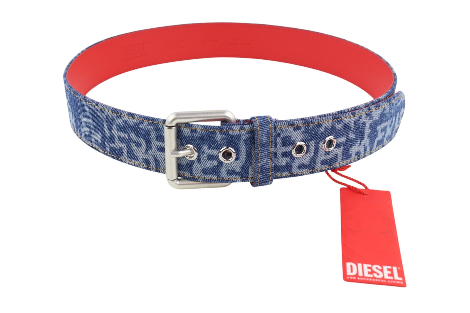 DIESEL B-Monogram vyriškas diržas, 95 cm, mėlynai raudonas, odinis, džinsinio rašto, laisvalaikio stiliaus, rekomenduojama kaina – 150 € 