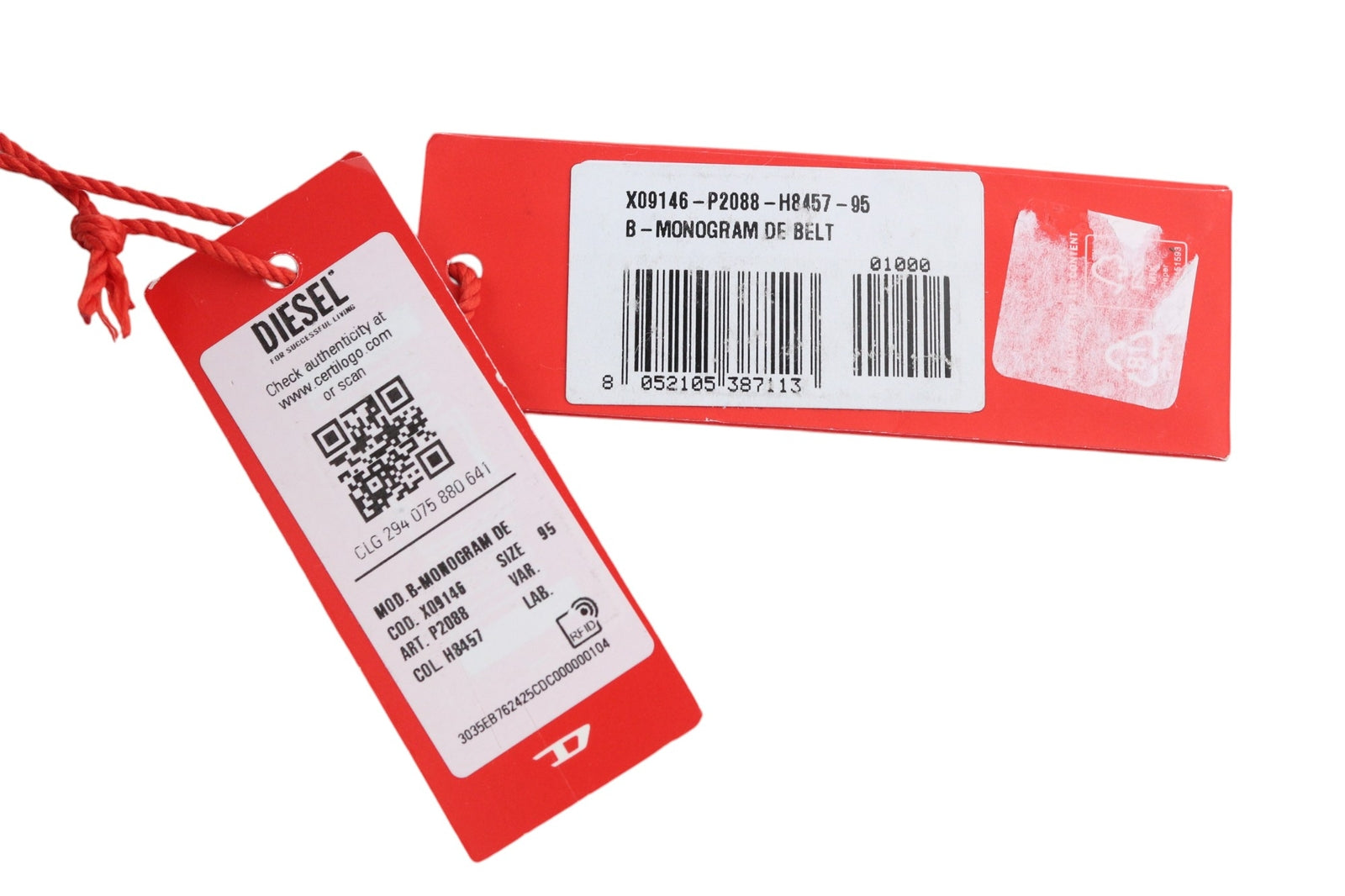 DIESEL B-Monogram vyriškas diržas, 95 cm, mėlynai raudonas, odinis, džinsinio rašto, laisvalaikio stiliaus, rekomenduojama kaina – 150 € 