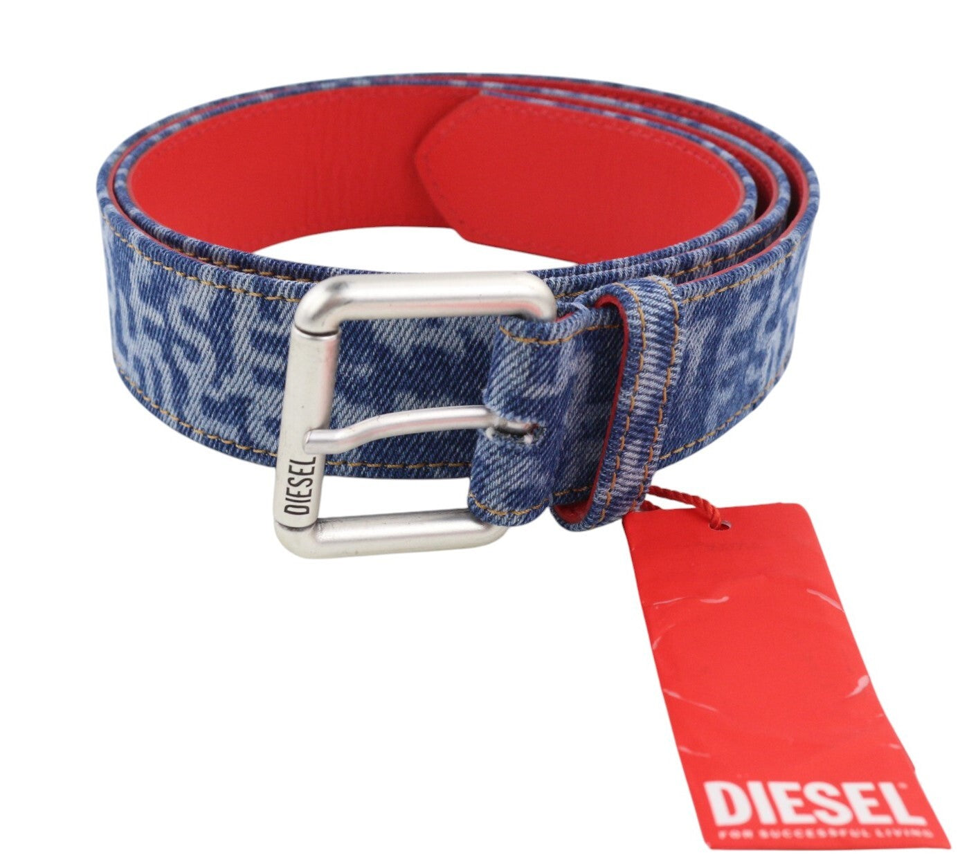 DIESEL B-Monogram vyriškas diržas 105 cm mėlynai raudonas odinis džinsinis raštas RRP 150 € 