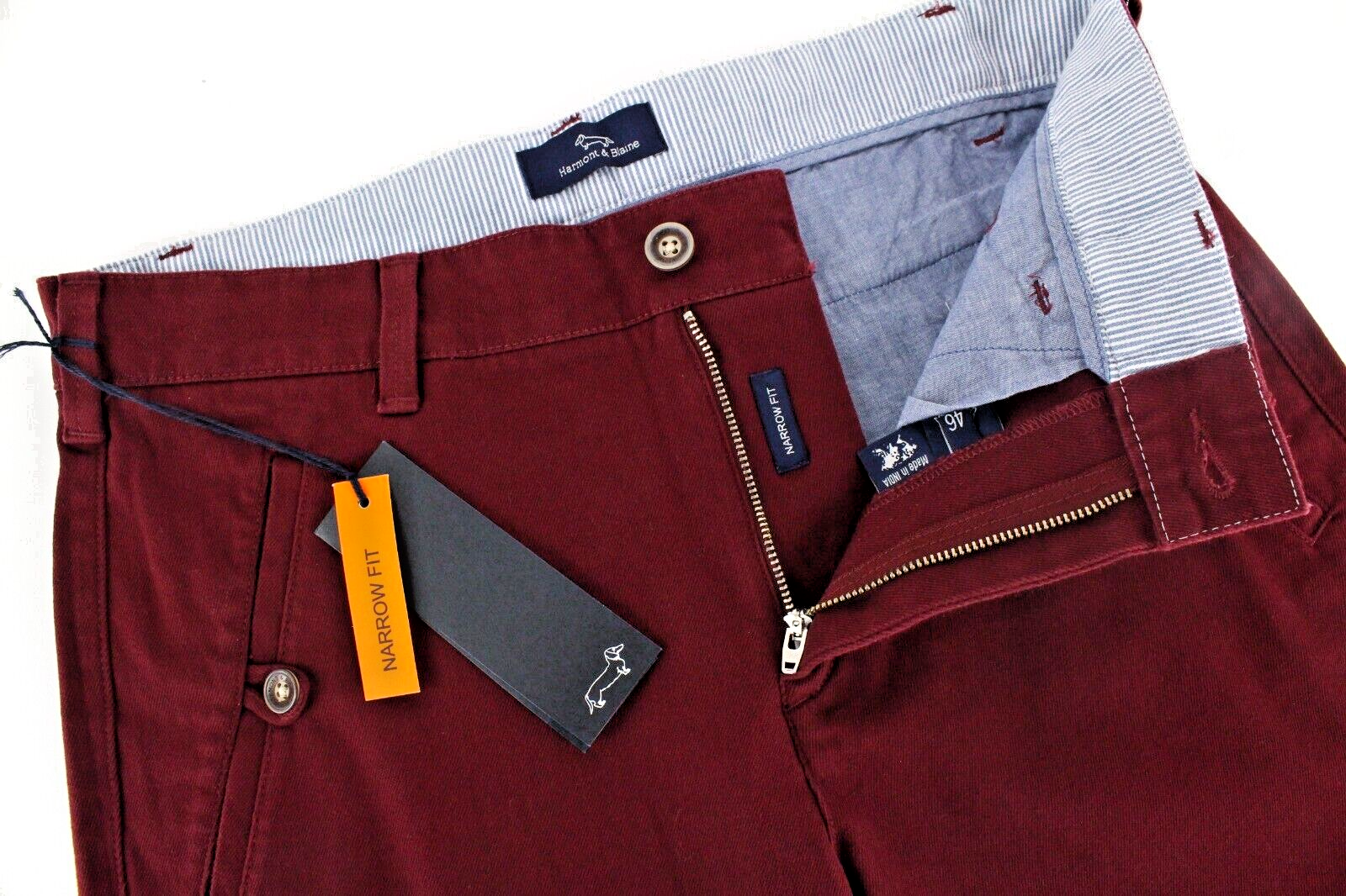 HARMONT &amp; BLAINE vyriškos bordo raudonos kelnės, 46 dygsnio plonas dryžuotas audinys, tamprus kirpimas, su kišenėmis 